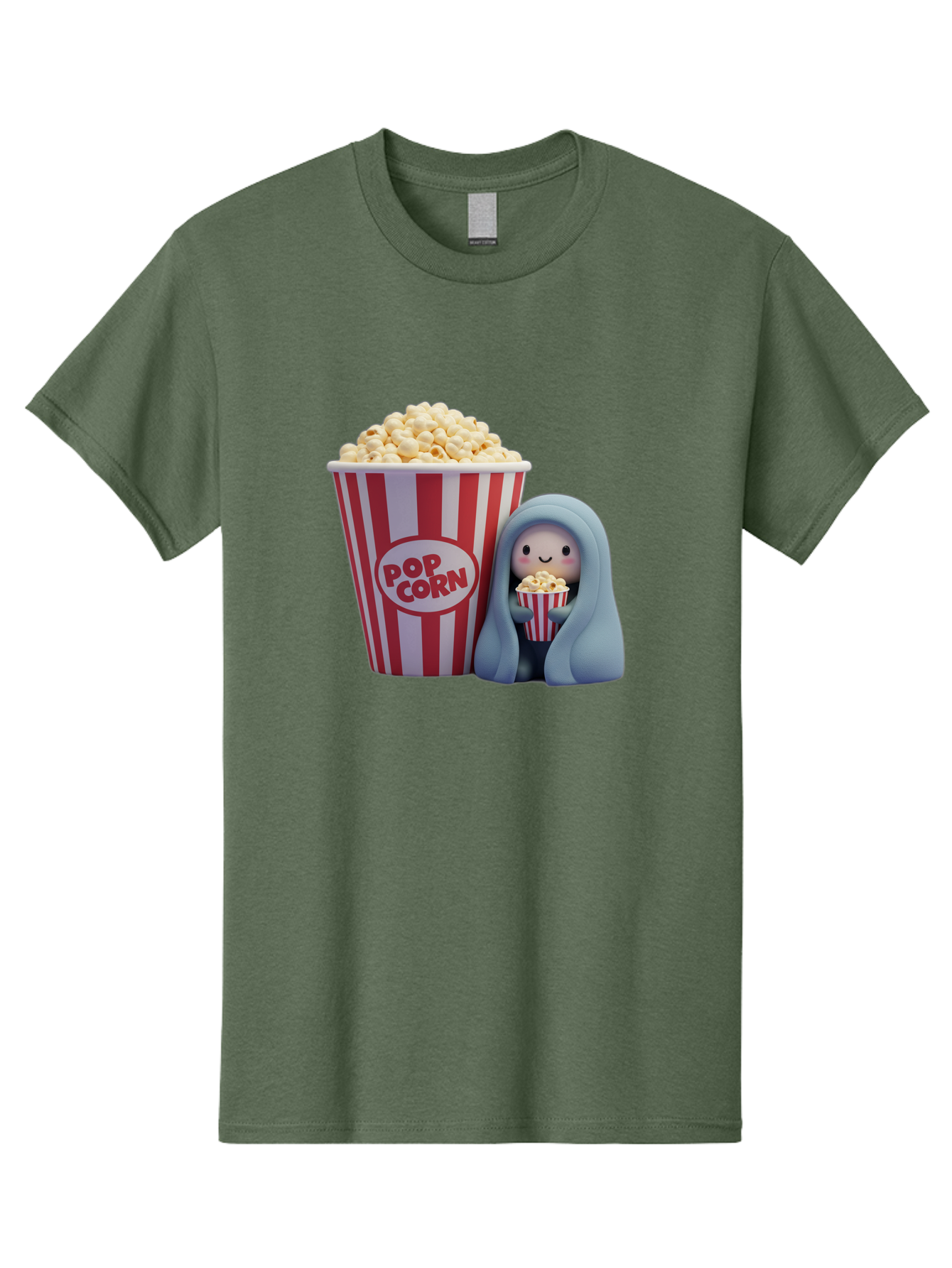 Pop-Corn Men'S Graphic Tee, 100% Cotton, Comfortable Casual Summer Wear, Machine Washable, Cartoon Character, Red And White Striped Container, Small Bucket Of Popcorn, Cute Figurine, Blue Hooded Figure, Smiling Face, Fun Snack, Playful Vibe, Bac336