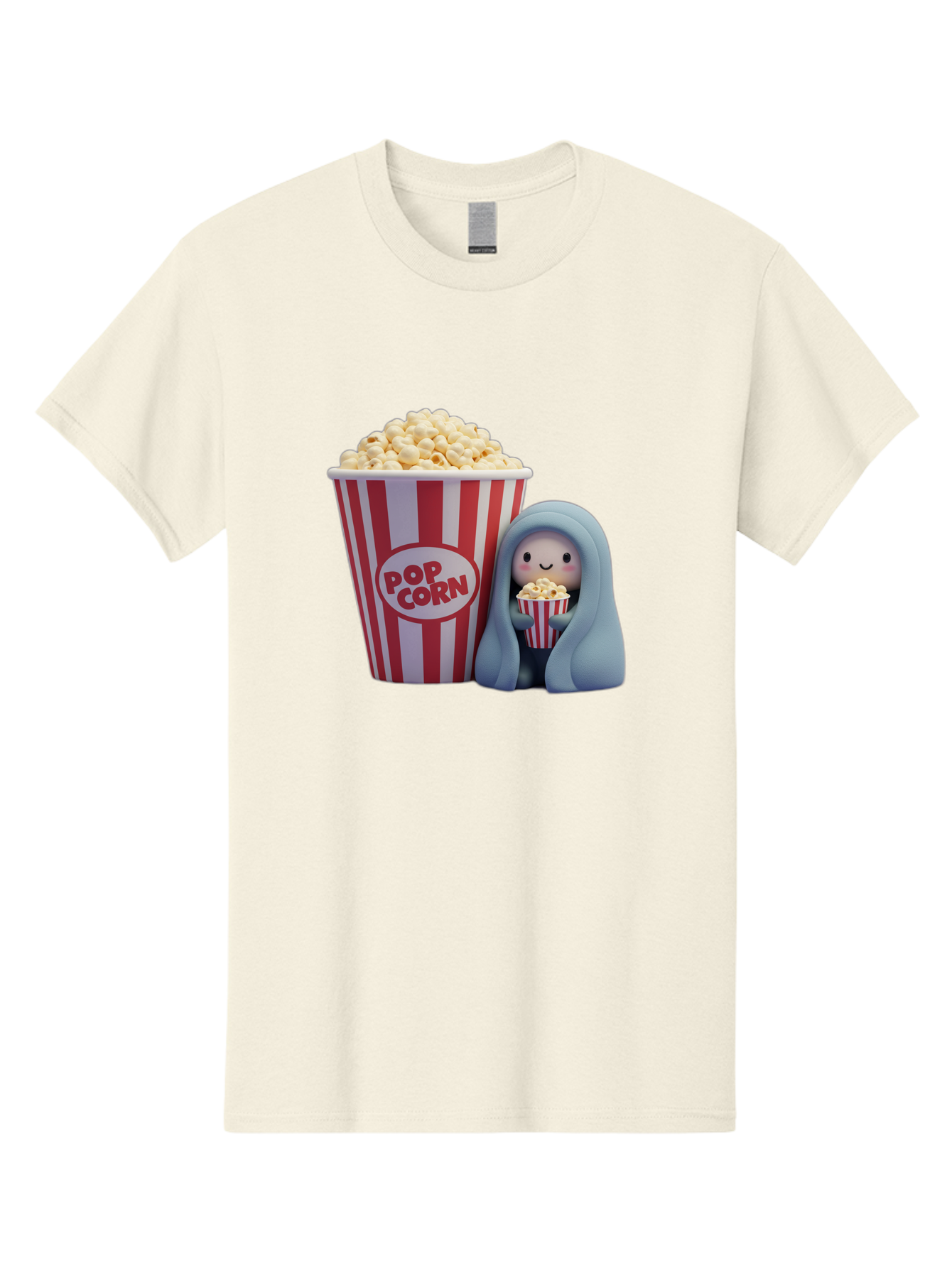 Pop-Corn Men'S Graphic Tee, 100% Cotton, Comfortable Casual Summer Wear, Machine Washable, Cartoon Character, Red And White Striped Container, Small Bucket Of Popcorn, Cute Figurine, Blue Hooded Figure, Smiling Face, Fun Snack, Playful Vibe, Bac336