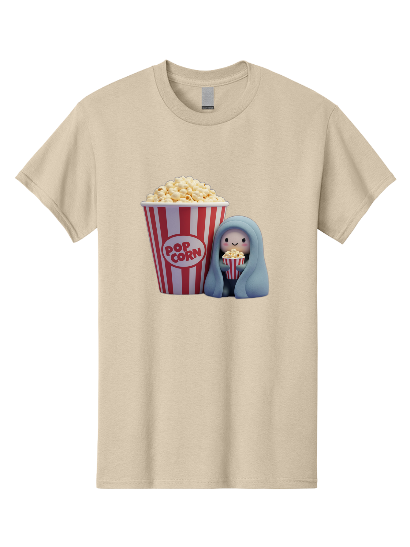 Pop-Corn Men'S Graphic Tee, 100% Cotton, Comfortable Casual Summer Wear, Machine Washable, Cartoon Character, Red And White Striped Container, Small Bucket Of Popcorn, Cute Figurine, Blue Hooded Figure, Smiling Face, Fun Snack, Playful Vibe, Bac336