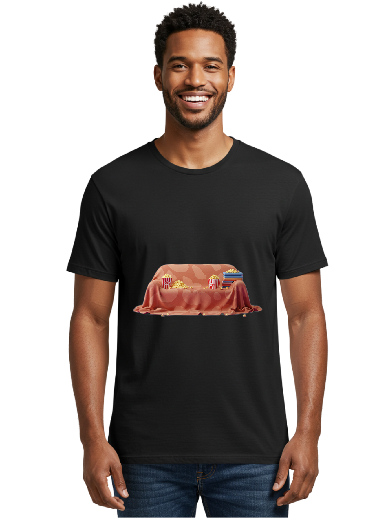 Popcorn-And-Dvd Men'S Graphic Tee, 100% Cotton, Comfortable Casual Summer Wear, Machine Washable, Popcorn Buckets, Pink Blanket, Scattered Popcorn, Stack Of Books, Cozy Atmosphere, Movie Night, Cinematic Experience, Red And White Stripes, Bac337