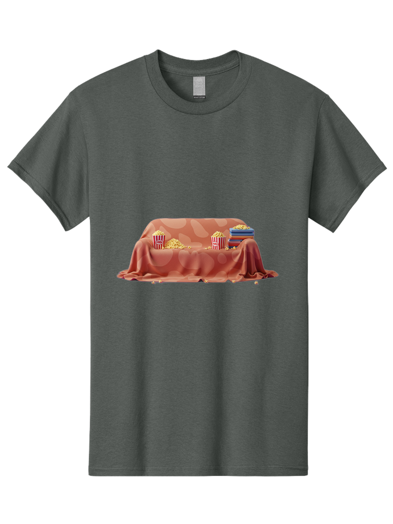 Popcorn-And-Dvd Men'S Graphic Tee, 100% Cotton, Comfortable Casual Summer Wear, Machine Washable, Popcorn Buckets, Pink Blanket, Scattered Popcorn, Stack Of Books, Cozy Atmosphere, Movie Night, Cinematic Experience, Red And White Stripes, Bac337