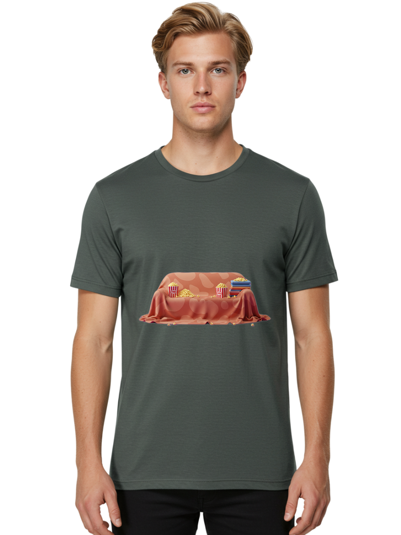 Popcorn-And-Dvd Men'S Graphic Tee, 100% Cotton, Comfortable Casual Summer Wear, Machine Washable, Popcorn Buckets, Pink Blanket, Scattered Popcorn, Stack Of Books, Cozy Atmosphere, Movie Night, Cinematic Experience, Red And White Stripes, Bac337