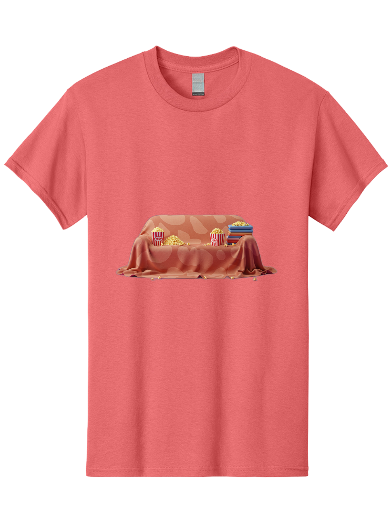 Popcorn-And-Dvd Men'S Graphic Tee, 100% Cotton, Comfortable Casual Summer Wear, Machine Washable, Popcorn Buckets, Pink Blanket, Scattered Popcorn, Stack Of Books, Cozy Atmosphere, Movie Night, Cinematic Experience, Red And White Stripes, Bac337