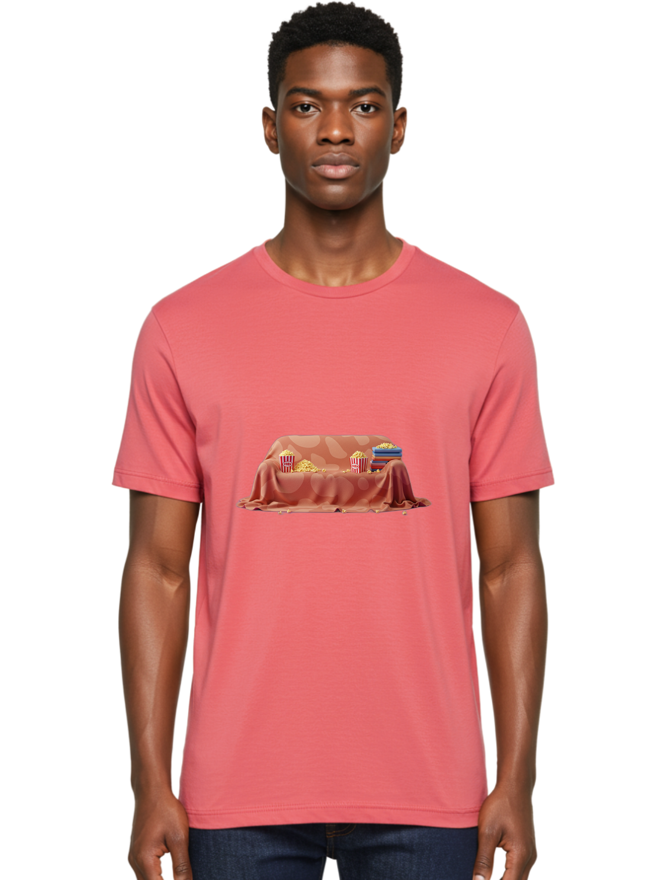 Popcorn-And-Dvd Men'S Graphic Tee, 100% Cotton, Comfortable Casual Summer Wear, Machine Washable, Popcorn Buckets, Pink Blanket, Scattered Popcorn, Stack Of Books, Cozy Atmosphere, Movie Night, Cinematic Experience, Red And White Stripes, Bac337