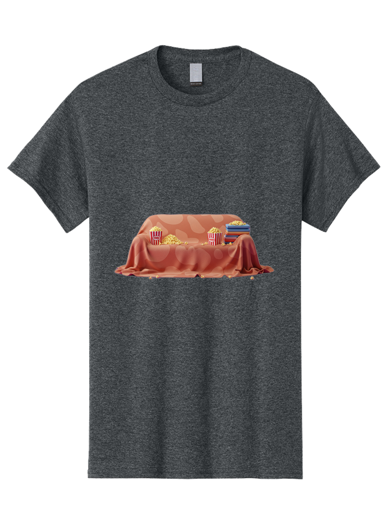 Popcorn-And-Dvd Men'S Graphic Tee, 100% Cotton, Comfortable Casual Summer Wear, Machine Washable, Popcorn Buckets, Pink Blanket, Scattered Popcorn, Stack Of Books, Cozy Atmosphere, Movie Night, Cinematic Experience, Red And White Stripes, Bac337