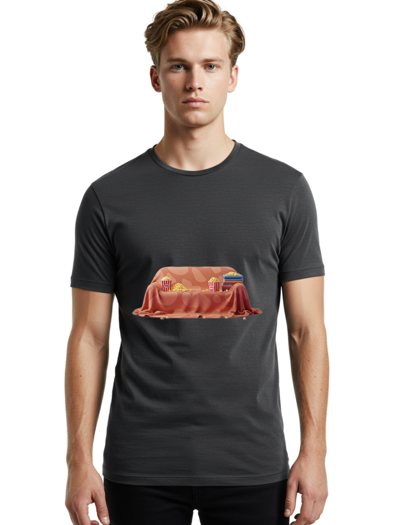 Popcorn-And-Dvd Men'S Graphic Tee, 100% Cotton, Comfortable Casual Summer Wear, Machine Washable, Popcorn Buckets, Pink Blanket, Scattered Popcorn, Stack Of Books, Cozy Atmosphere, Movie Night, Cinematic Experience, Red And White Stripes, Bac337