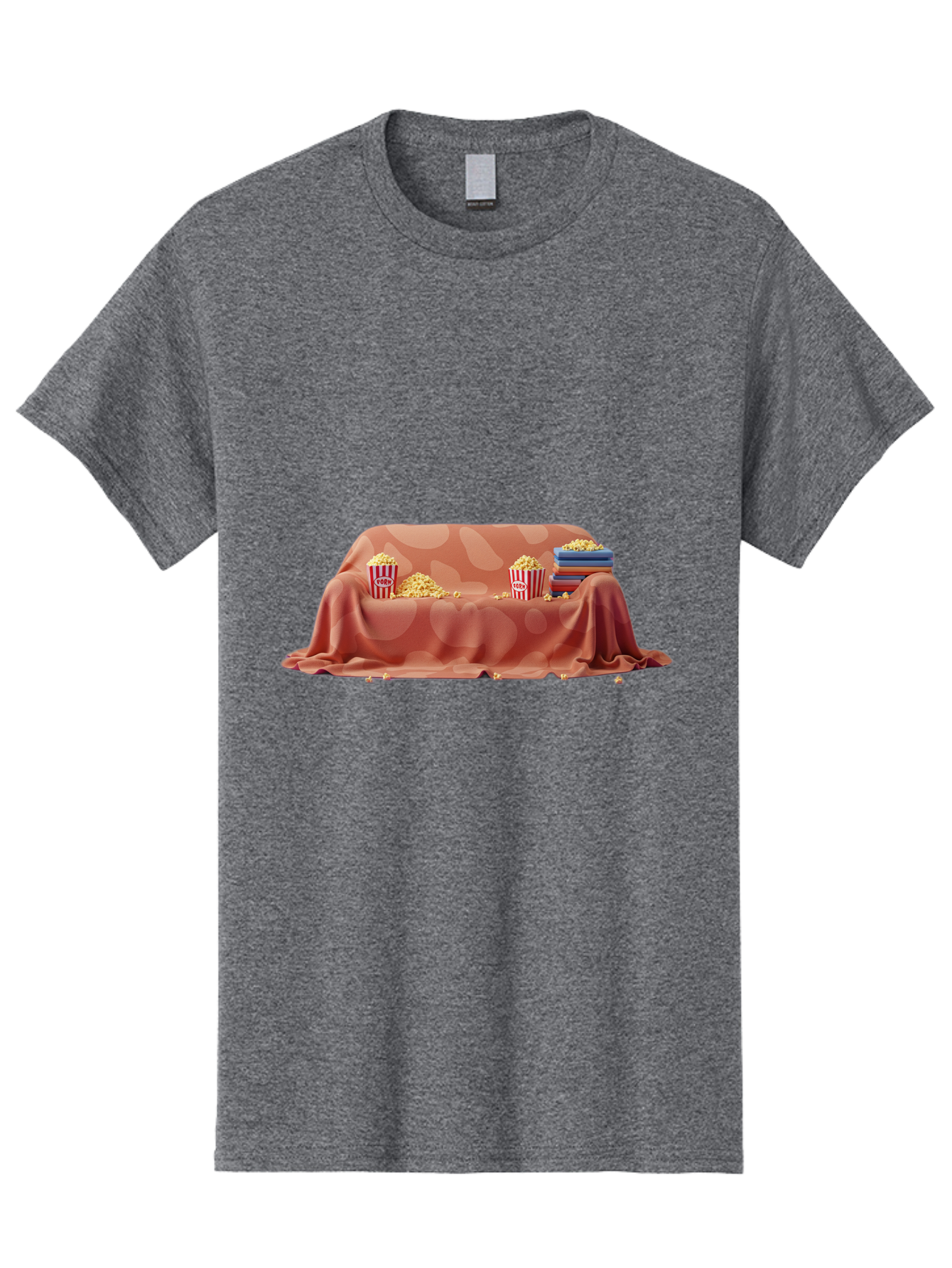 Popcorn-And-Dvd Men'S Graphic Tee, 100% Cotton, Comfortable Casual Summer Wear, Machine Washable, Popcorn Buckets, Pink Blanket, Scattered Popcorn, Stack Of Books, Cozy Atmosphere, Movie Night, Cinematic Experience, Red And White Stripes, Bac337