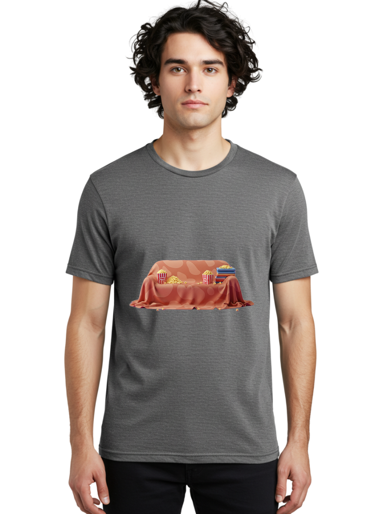 Popcorn-And-Dvd Men'S Graphic Tee, 100% Cotton, Comfortable Casual Summer Wear, Machine Washable, Popcorn Buckets, Pink Blanket, Scattered Popcorn, Stack Of Books, Cozy Atmosphere, Movie Night, Cinematic Experience, Red And White Stripes, Bac337