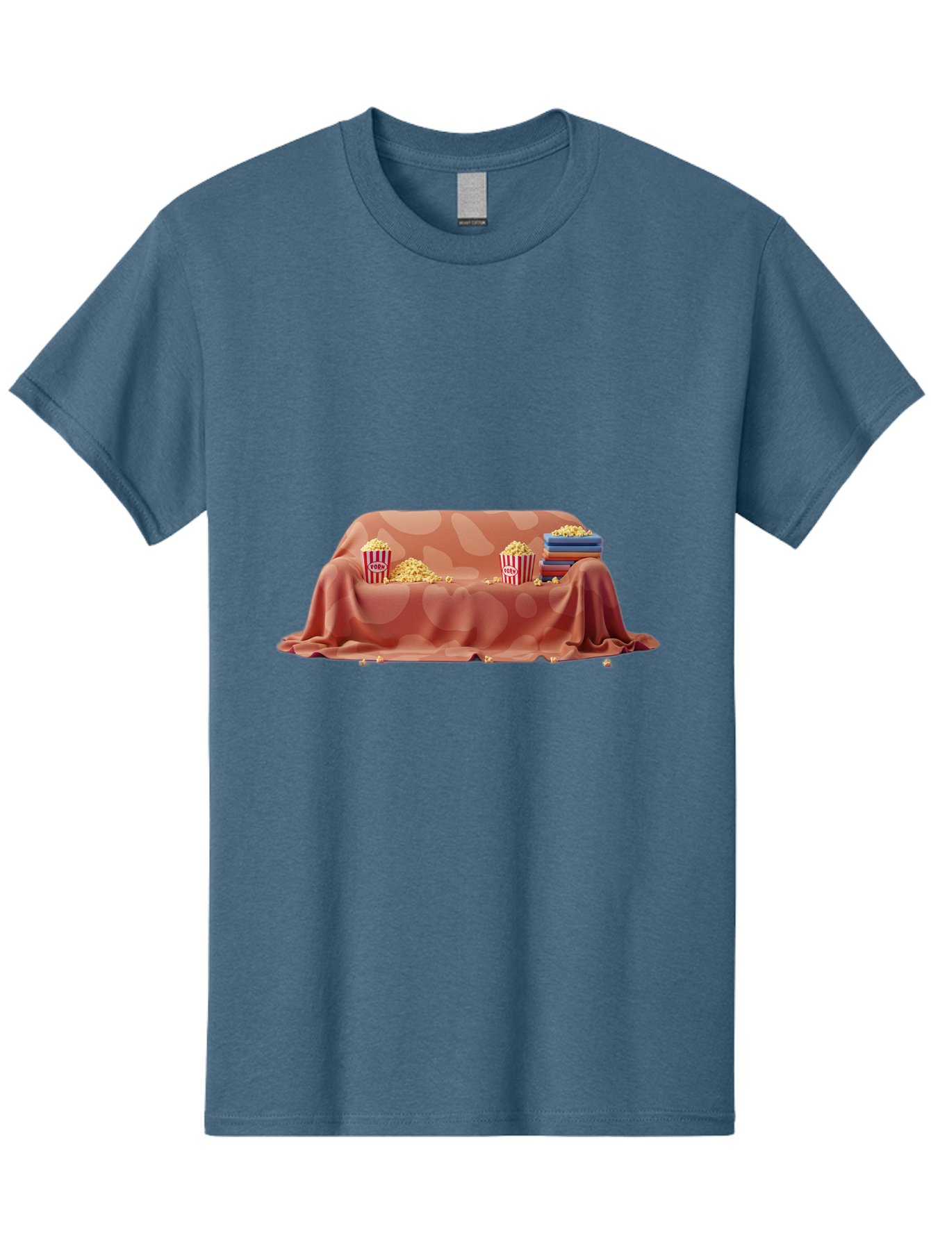 Popcorn-And-Dvd Men'S Graphic Tee, 100% Cotton, Comfortable Casual Summer Wear, Machine Washable, Popcorn Buckets, Pink Blanket, Scattered Popcorn, Stack Of Books, Cozy Atmosphere, Movie Night, Cinematic Experience, Red And White Stripes, Bac337