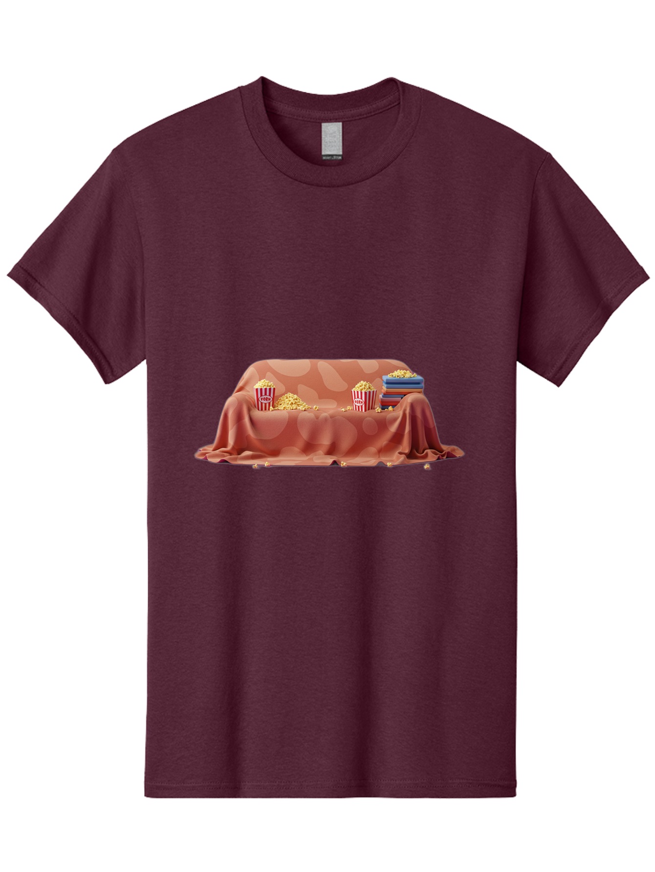 Popcorn-And-Dvd Men'S Graphic Tee, 100% Cotton, Comfortable Casual Summer Wear, Machine Washable, Popcorn Buckets, Pink Blanket, Scattered Popcorn, Stack Of Books, Cozy Atmosphere, Movie Night, Cinematic Experience, Red And White Stripes, Bac337