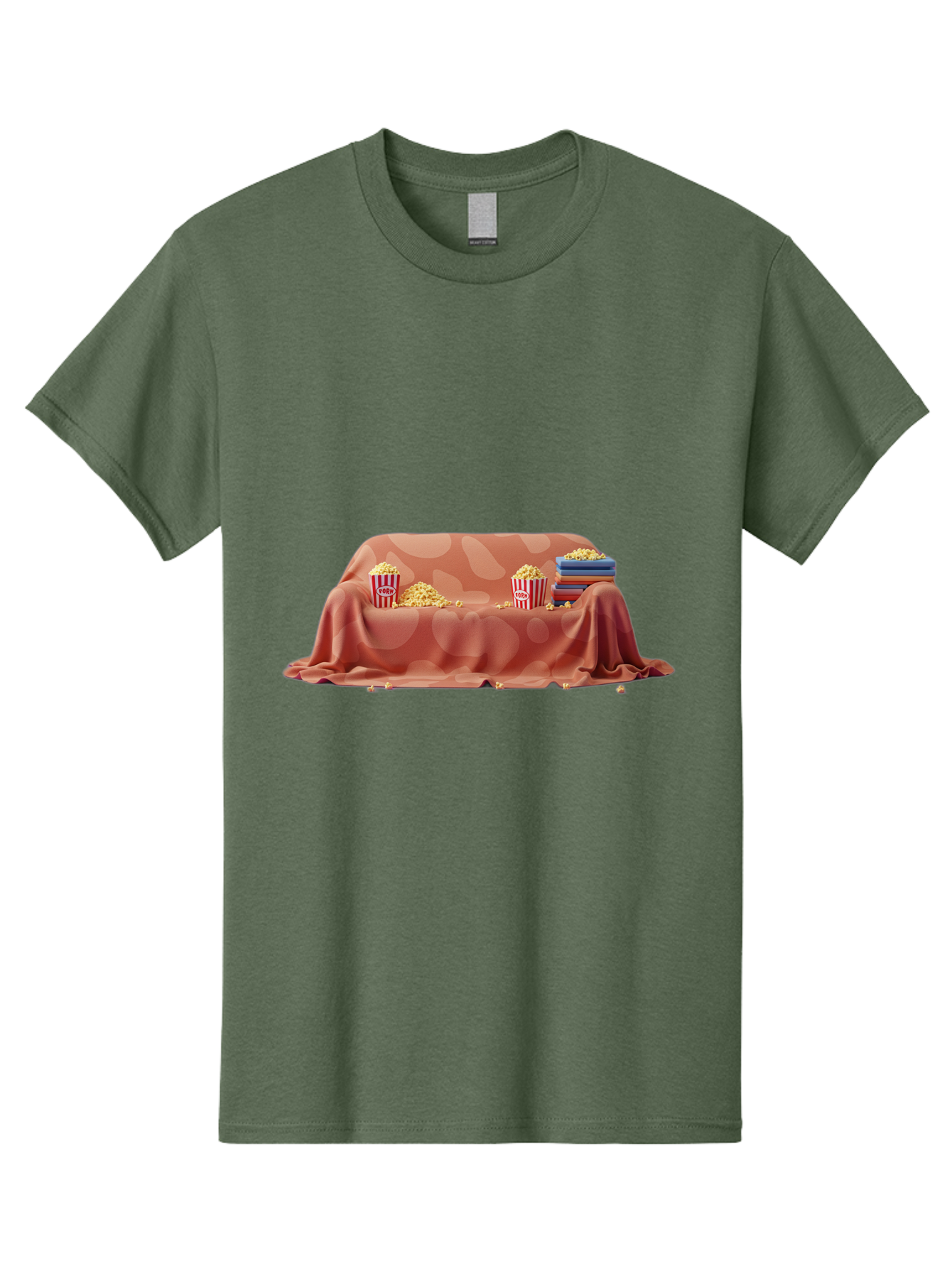 Popcorn-And-Dvd Men'S Graphic Tee, 100% Cotton, Comfortable Casual Summer Wear, Machine Washable, Popcorn Buckets, Pink Blanket, Scattered Popcorn, Stack Of Books, Cozy Atmosphere, Movie Night, Cinematic Experience, Red And White Stripes, Bac337