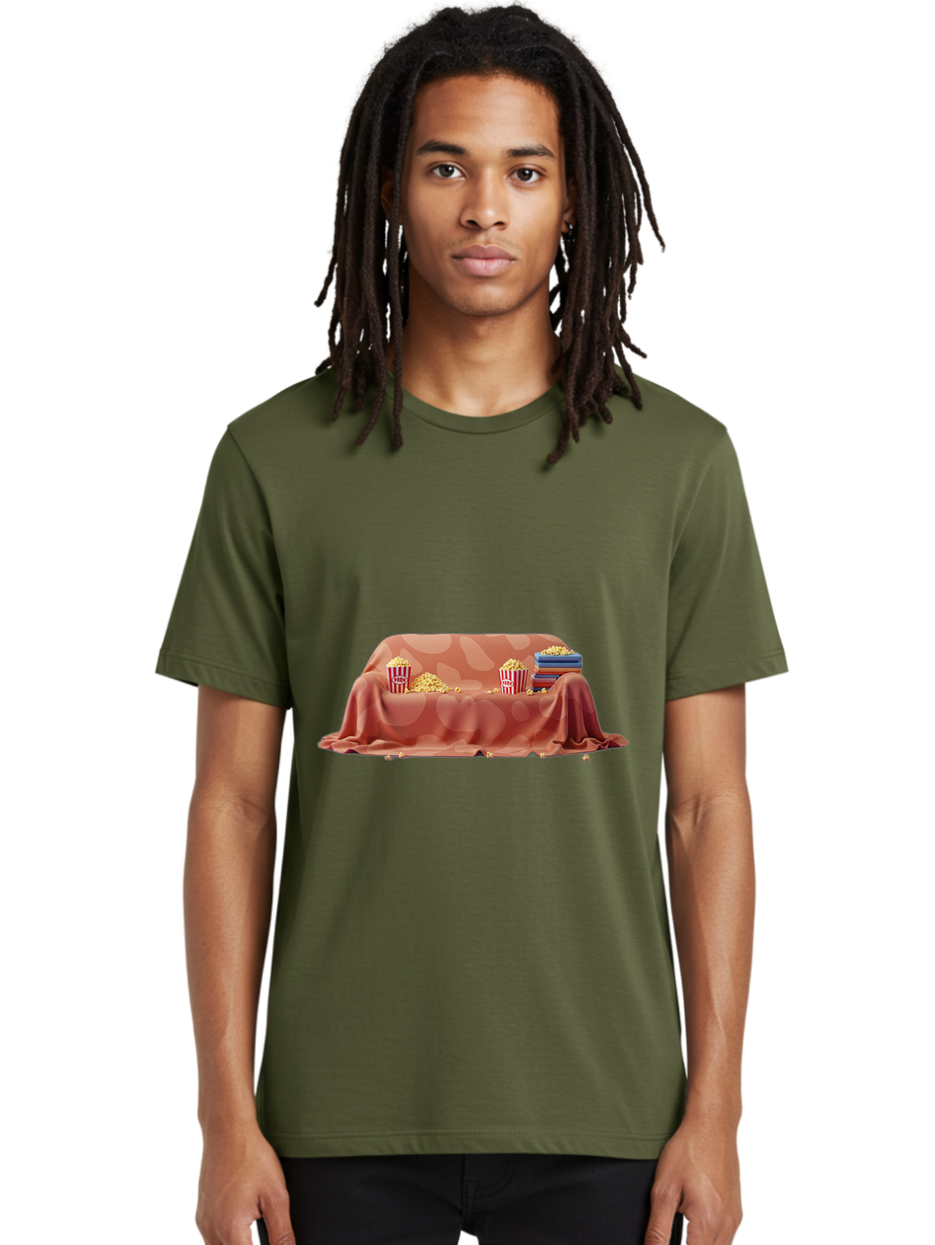 Popcorn-And-Dvd Men'S Graphic Tee, 100% Cotton, Comfortable Casual Summer Wear, Machine Washable, Popcorn Buckets, Pink Blanket, Scattered Popcorn, Stack Of Books, Cozy Atmosphere, Movie Night, Cinematic Experience, Red And White Stripes, Bac337
