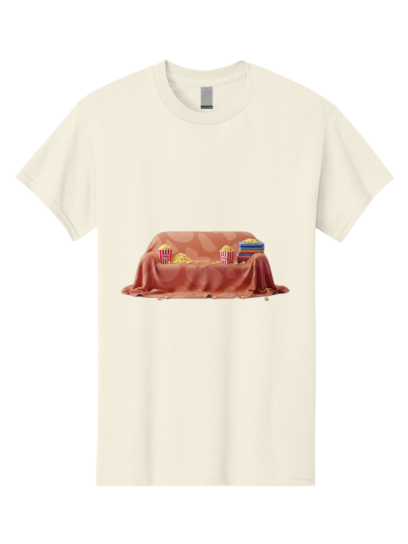 Popcorn-And-Dvd Men'S Graphic Tee, 100% Cotton, Comfortable Casual Summer Wear, Machine Washable, Popcorn Buckets, Pink Blanket, Scattered Popcorn, Stack Of Books, Cozy Atmosphere, Movie Night, Cinematic Experience, Red And White Stripes, Bac337