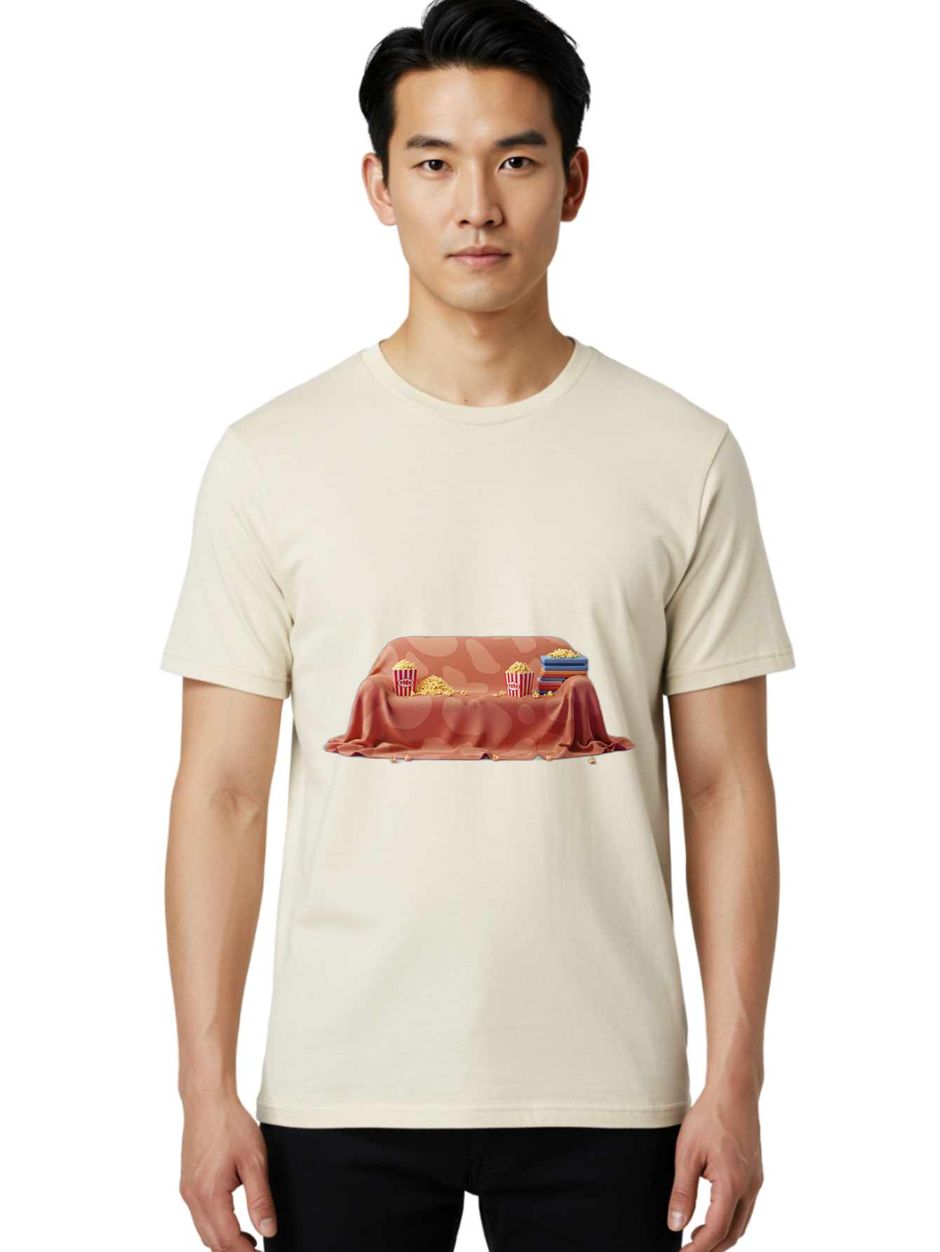 Popcorn-And-Dvd Men'S Graphic Tee, 100% Cotton, Comfortable Casual Summer Wear, Machine Washable, Popcorn Buckets, Pink Blanket, Scattered Popcorn, Stack Of Books, Cozy Atmosphere, Movie Night, Cinematic Experience, Red And White Stripes, Bac337