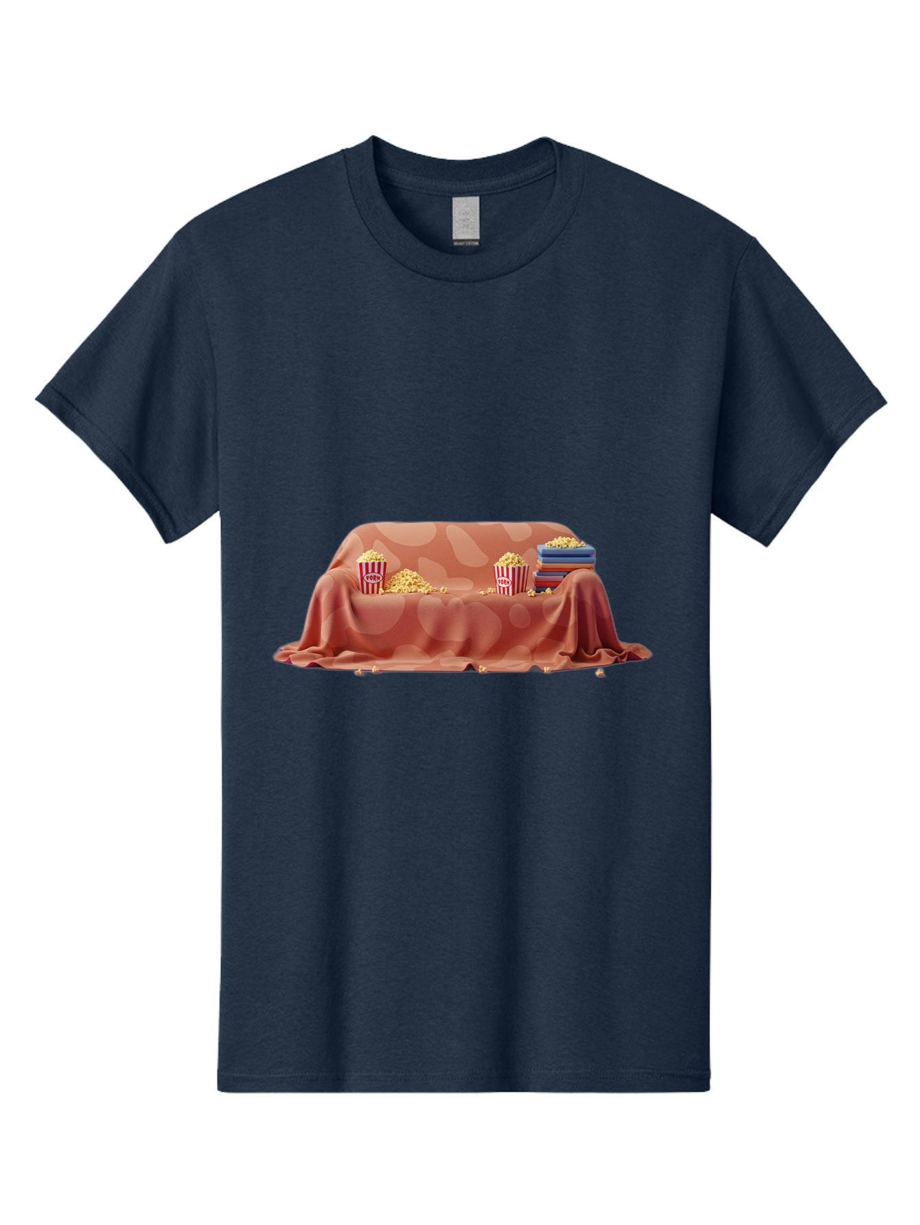 Popcorn-And-Dvd Men'S Graphic Tee, 100% Cotton, Comfortable Casual Summer Wear, Machine Washable, Popcorn Buckets, Pink Blanket, Scattered Popcorn, Stack Of Books, Cozy Atmosphere, Movie Night, Cinematic Experience, Red And White Stripes, Bac337