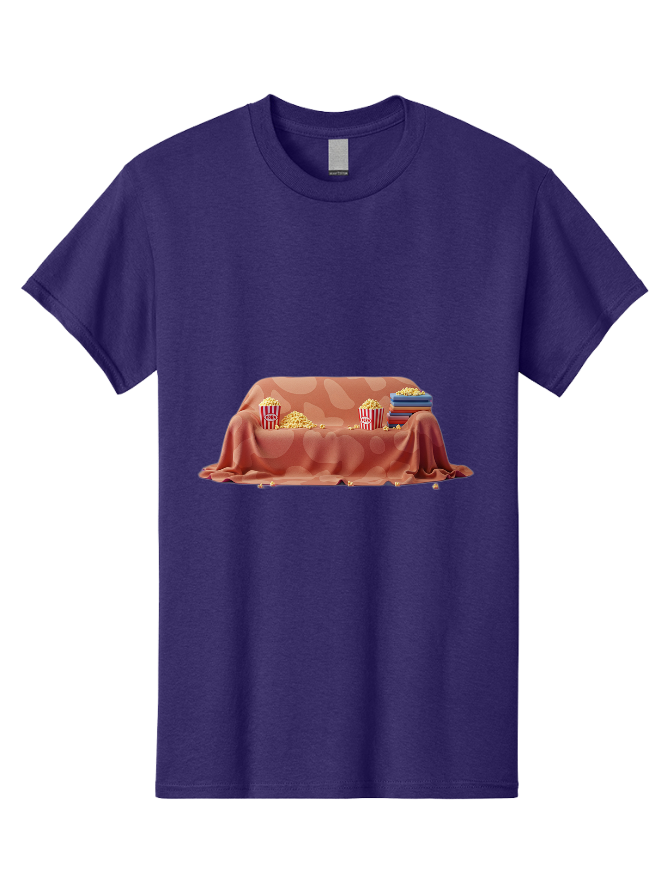 Popcorn-And-Dvd Men'S Graphic Tee, 100% Cotton, Comfortable Casual Summer Wear, Machine Washable, Popcorn Buckets, Pink Blanket, Scattered Popcorn, Stack Of Books, Cozy Atmosphere, Movie Night, Cinematic Experience, Red And White Stripes, Bac337
