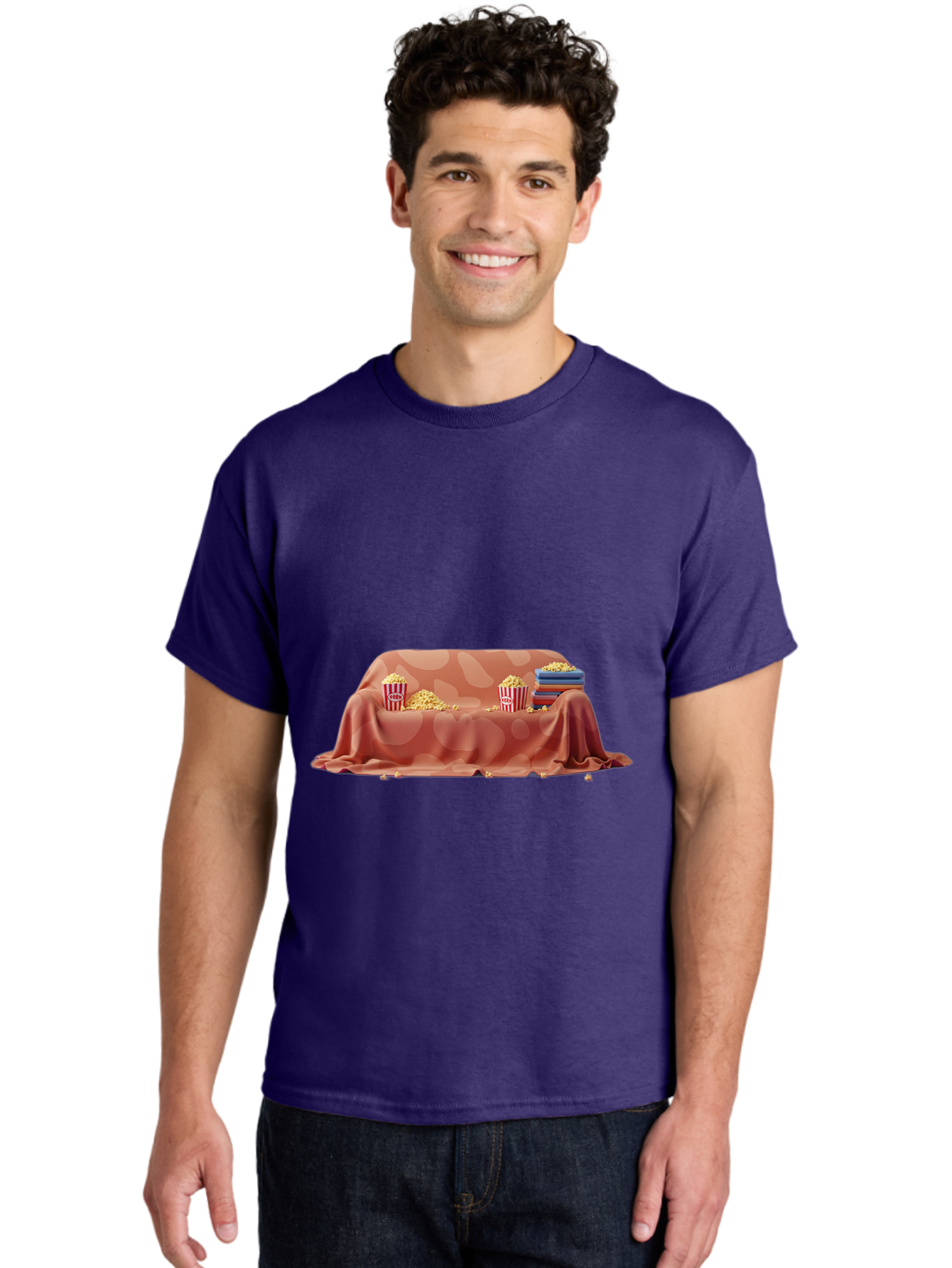 Popcorn-And-Dvd Men'S Graphic Tee, 100% Cotton, Comfortable Casual Summer Wear, Machine Washable, Popcorn Buckets, Pink Blanket, Scattered Popcorn, Stack Of Books, Cozy Atmosphere, Movie Night, Cinematic Experience, Red And White Stripes, Bac337