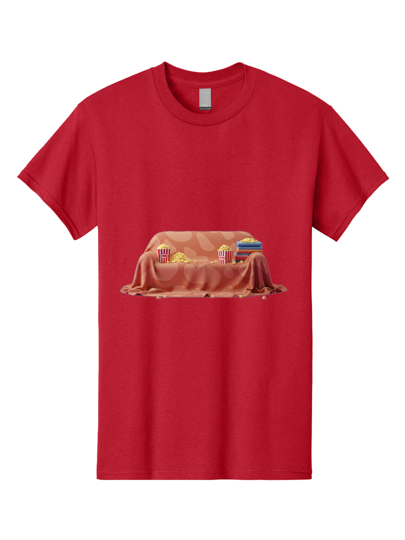 Popcorn-And-Dvd Men'S Graphic Tee, 100% Cotton, Comfortable Casual Summer Wear, Machine Washable, Popcorn Buckets, Pink Blanket, Scattered Popcorn, Stack Of Books, Cozy Atmosphere, Movie Night, Cinematic Experience, Red And White Stripes, Bac337