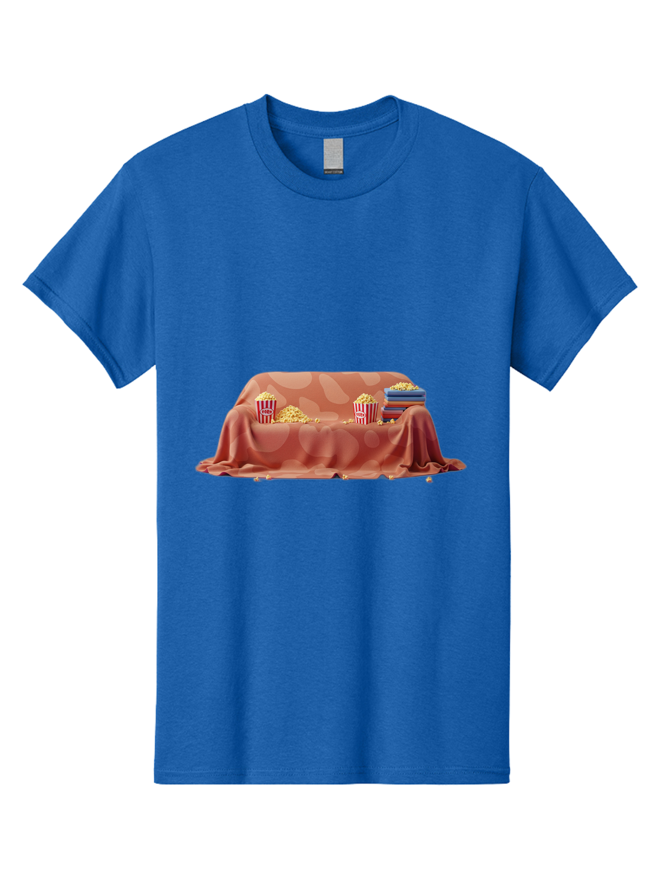 Popcorn-And-Dvd Men'S Graphic Tee, 100% Cotton, Comfortable Casual Summer Wear, Machine Washable, Popcorn Buckets, Pink Blanket, Scattered Popcorn, Stack Of Books, Cozy Atmosphere, Movie Night, Cinematic Experience, Red And White Stripes, Bac337