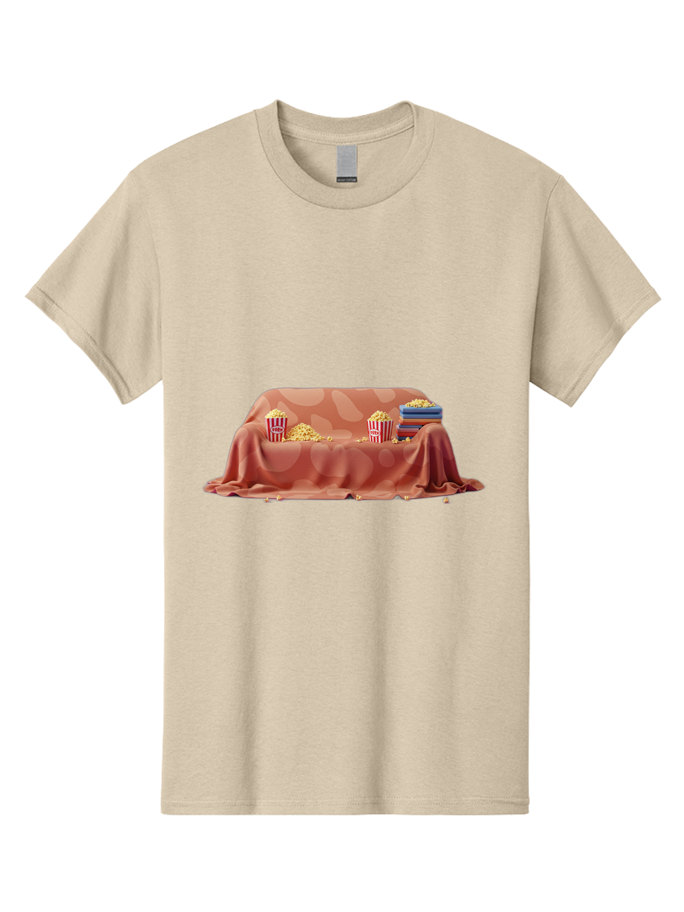Popcorn-And-Dvd Men'S Graphic Tee, 100% Cotton, Comfortable Casual Summer Wear, Machine Washable, Popcorn Buckets, Pink Blanket, Scattered Popcorn, Stack Of Books, Cozy Atmosphere, Movie Night, Cinematic Experience, Red And White Stripes, Bac337