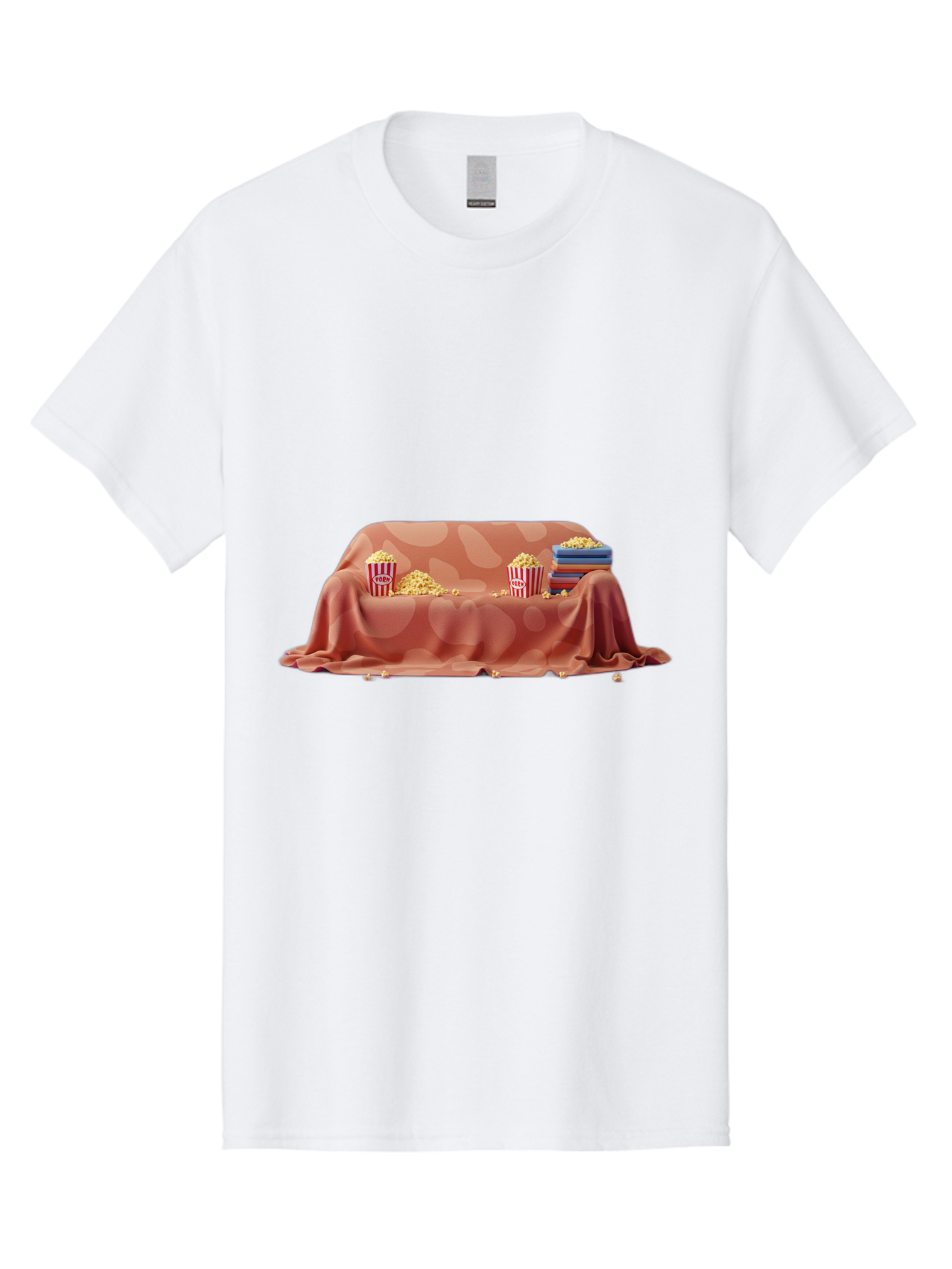 Popcorn-And-Dvd Men'S Graphic Tee, 100% Cotton, Comfortable Casual Summer Wear, Machine Washable, Popcorn Buckets, Pink Blanket, Scattered Popcorn, Stack Of Books, Cozy Atmosphere, Movie Night, Cinematic Experience, Red And White Stripes, Bac337