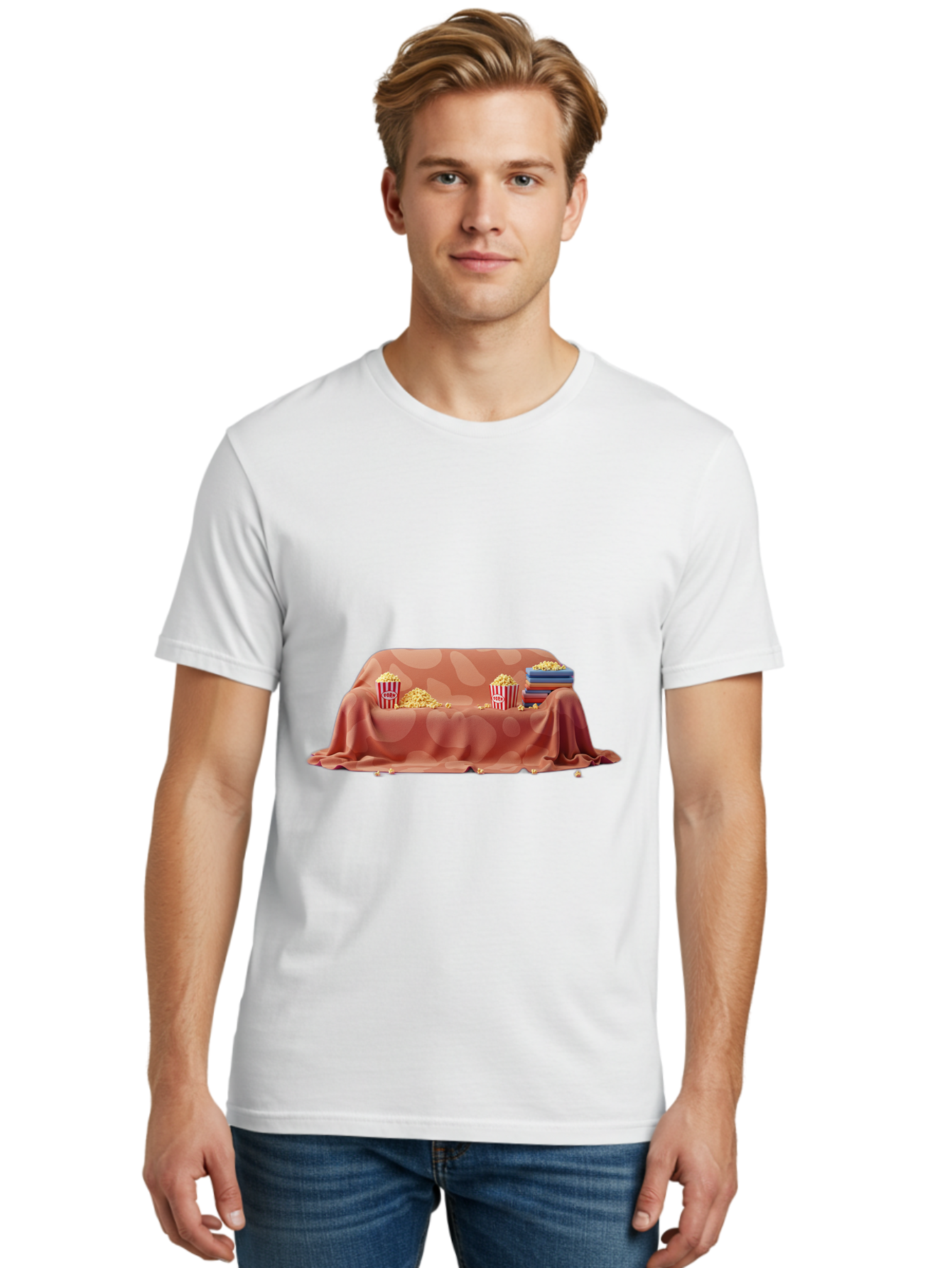 Popcorn-And-Dvd Men'S Graphic Tee, 100% Cotton, Comfortable Casual Summer Wear, Machine Washable, Popcorn Buckets, Pink Blanket, Scattered Popcorn, Stack Of Books, Cozy Atmosphere, Movie Night, Cinematic Experience, Red And White Stripes, Bac337