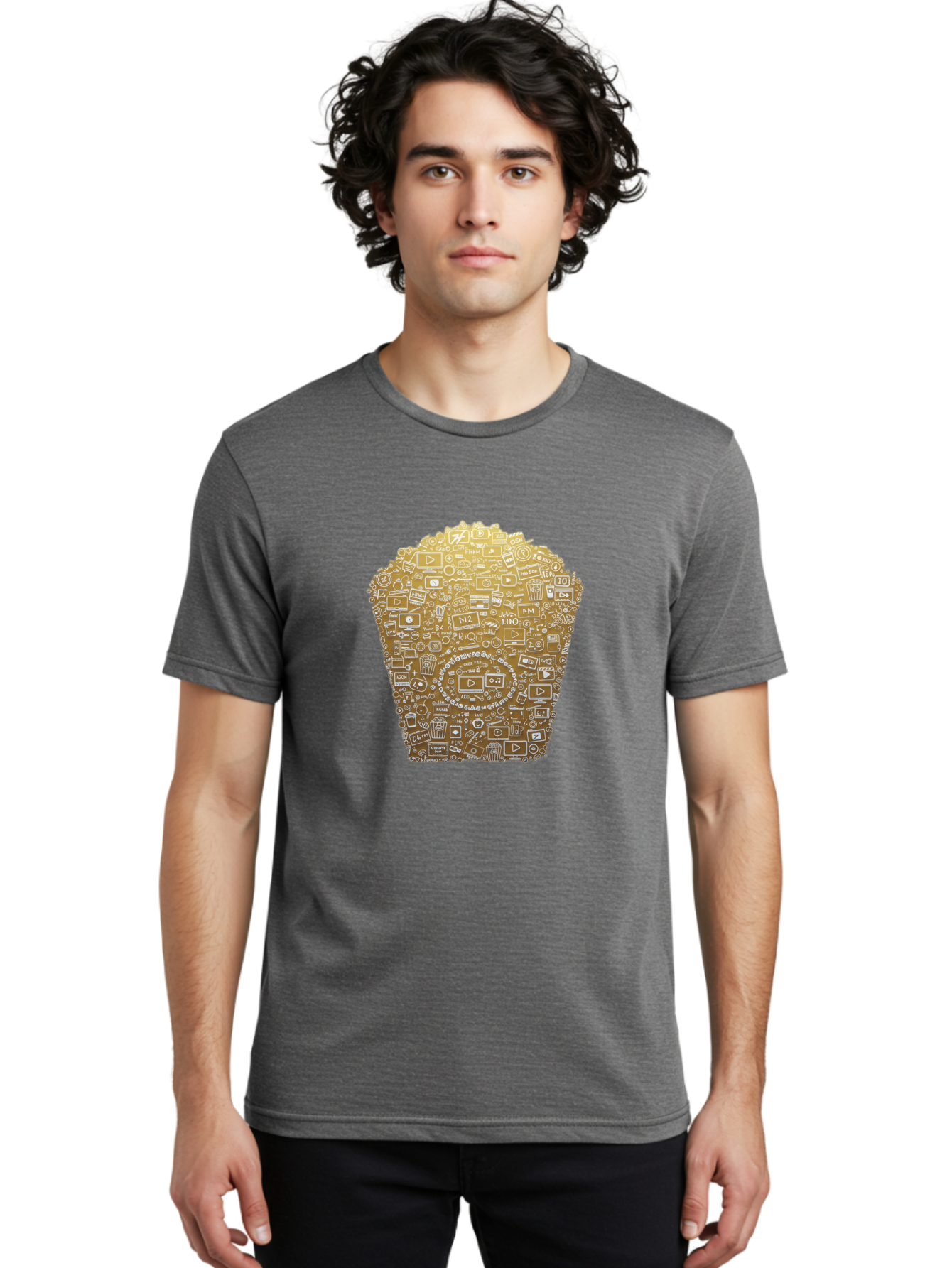 Popcorn Men'S Graphic Tee, 100% Cotton, Comfortable Casual Summer Wear, Machine Washable, Popcorn Bucket, Play Button, Video Icons, Social Media Symbols, Digital Media, Online Content, Entertainment, Multimedia Icons, Film Strip, Video Player, Bac339