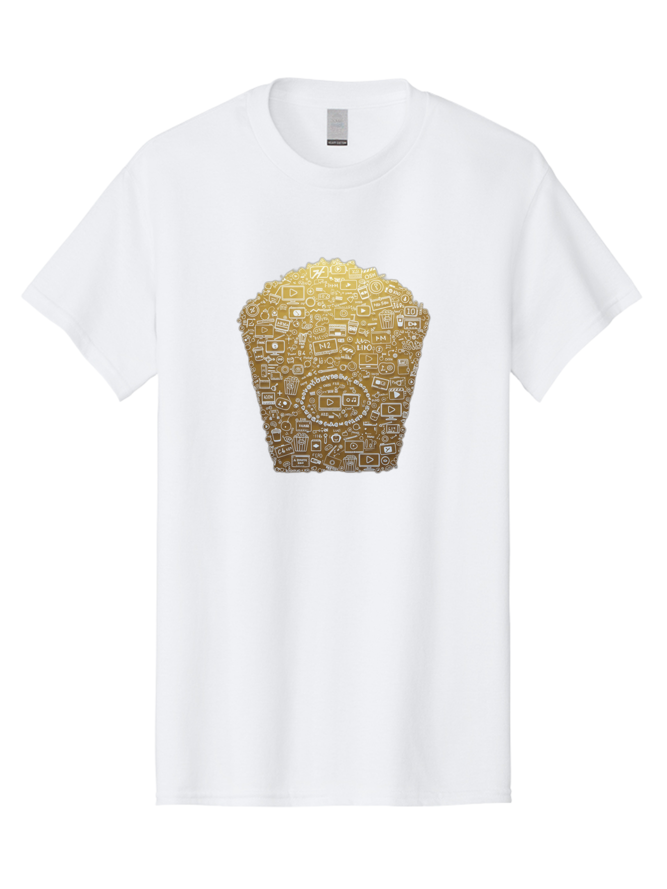 Popcorn Men'S Graphic Tee, 100% Cotton, Comfortable Casual Summer Wear, Machine Washable, Popcorn Bucket, Play Button, Video Icons, Social Media Symbols, Digital Media, Online Content, Entertainment, Multimedia Icons, Film Strip, Video Player, Bac339