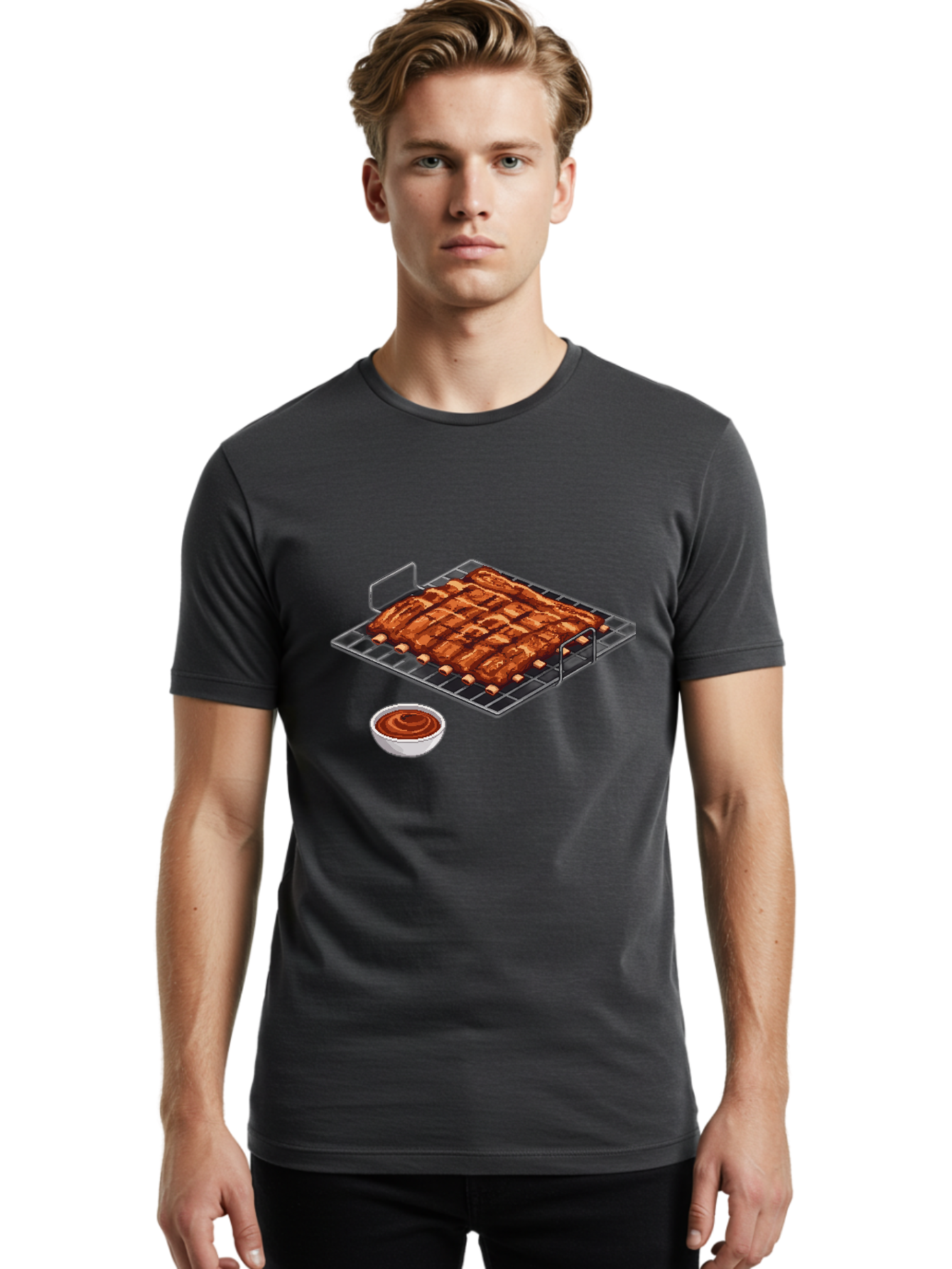 Pork-Ribs-On-Grill Men'S Graphic Tee, 100% Cotton, Comfortable Casual Summer Wear, Machine Washable, Barbecue Ribs, Grilled Pork, Barbecue Sauce, Bbq Ribs, Meat On The Grill, Delicious Food, Barbecue Style, Grilled Meat Bac340
