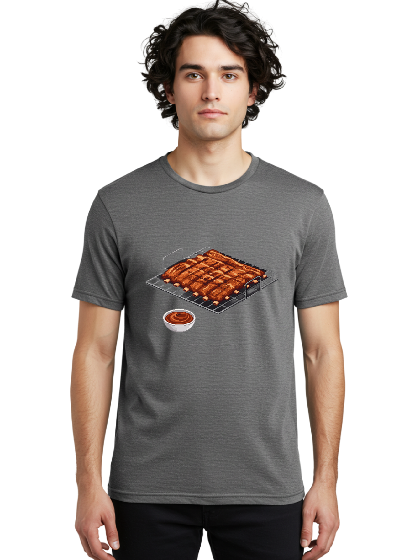 Pork-Ribs-On-Grill Men'S Graphic Tee, 100% Cotton, Comfortable Casual Summer Wear, Machine Washable, Barbecue Ribs, Grilled Pork, Barbecue Sauce, Bbq Ribs, Meat On The Grill, Delicious Food, Barbecue Style, Grilled Meat Bac340