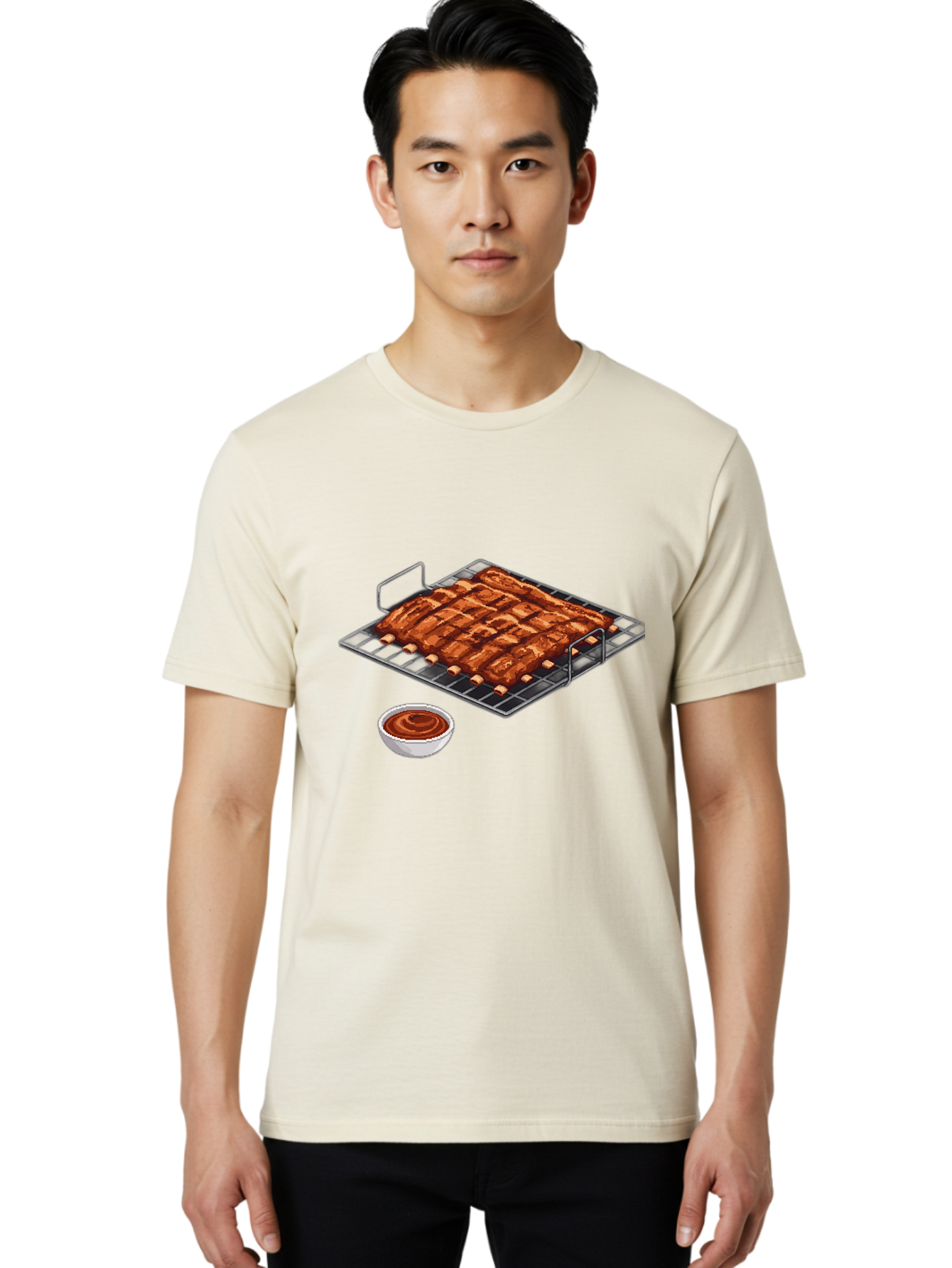 Pork-Ribs-On-Grill Men'S Graphic Tee, 100% Cotton, Comfortable Casual Summer Wear, Machine Washable, Barbecue Ribs, Grilled Pork, Barbecue Sauce, Bbq Ribs, Meat On The Grill, Delicious Food, Barbecue Style, Grilled Meat Bac340