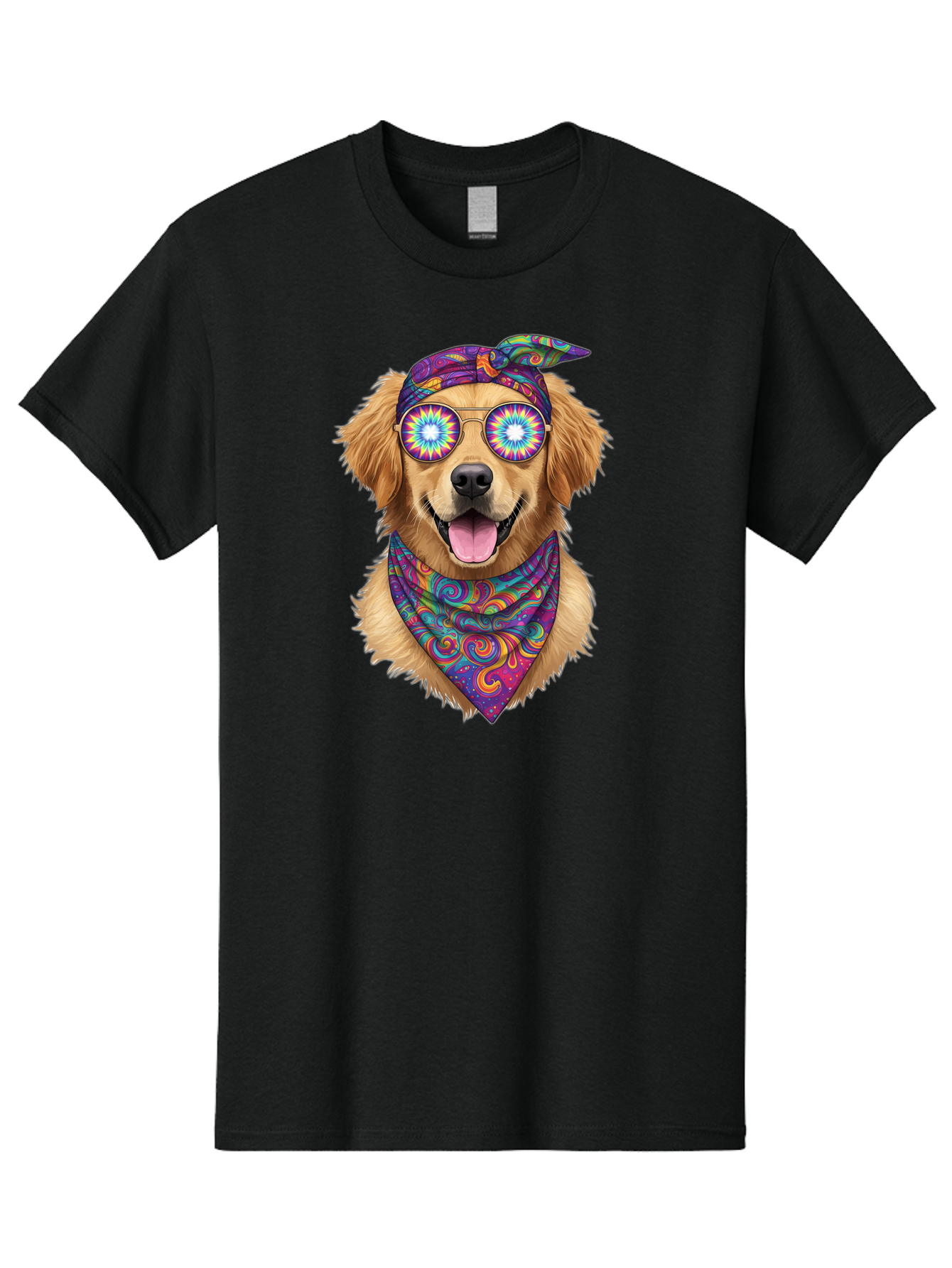 Psychedelic-Dog Men'S Graphic Tee, 100% Cotton, Comfortable Casual Summer Wear, Machine Washable, Happy Dog, Psychedelic Sunglasses, Colorful Bandana, Hippie Style, Fun Pet, Happy Animal, Playful Pup, Groovy Vibe, Funky Glasses, Bac344