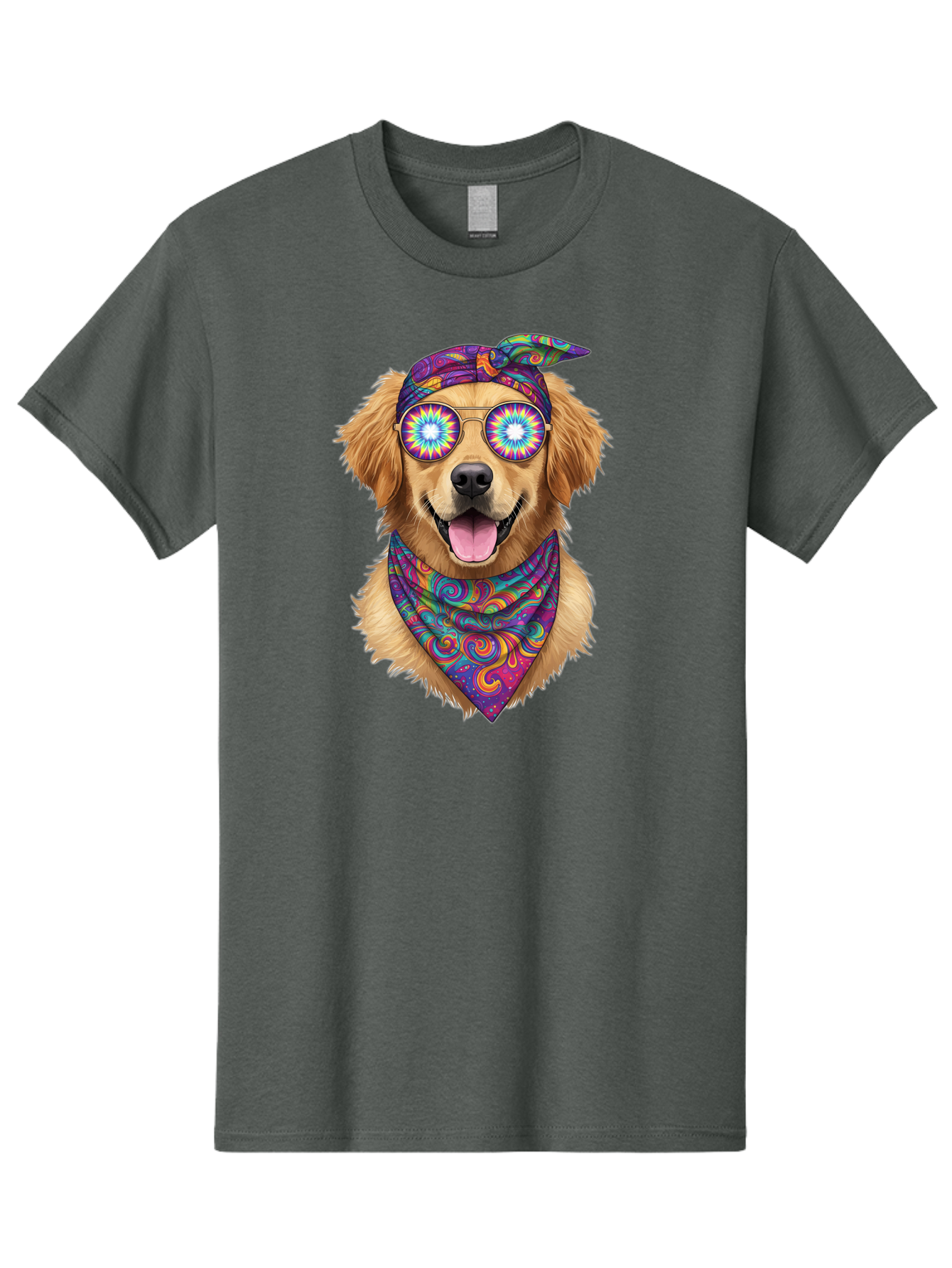 Psychedelic-Dog Men'S Graphic Tee, 100% Cotton, Comfortable Casual Summer Wear, Machine Washable, Happy Dog, Psychedelic Sunglasses, Colorful Bandana, Hippie Style, Fun Pet, Happy Animal, Playful Pup, Groovy Vibe, Funky Glasses, Bac344