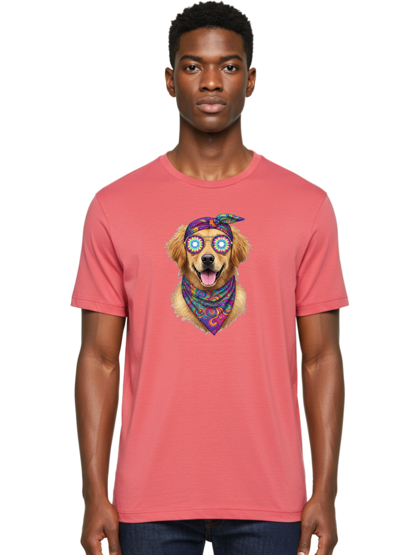 Psychedelic-Dog Men'S Graphic Tee, 100% Cotton, Comfortable Casual Summer Wear, Machine Washable, Happy Dog, Psychedelic Sunglasses, Colorful Bandana, Hippie Style, Fun Pet, Happy Animal, Playful Pup, Groovy Vibe, Funky Glasses, Bac344