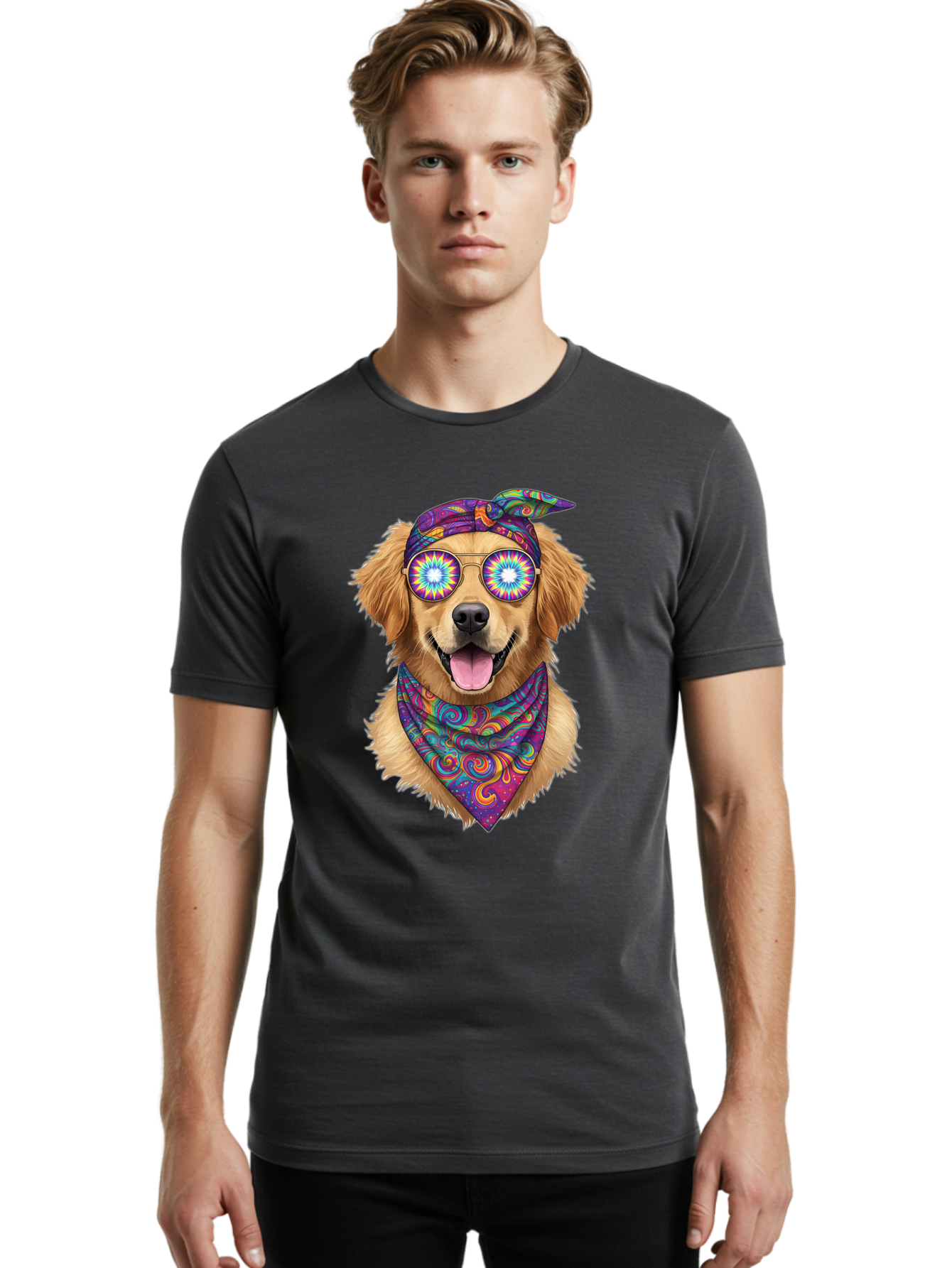 Psychedelic-Dog Men'S Graphic Tee, 100% Cotton, Comfortable Casual Summer Wear, Machine Washable, Happy Dog, Psychedelic Sunglasses, Colorful Bandana, Hippie Style, Fun Pet, Happy Animal, Playful Pup, Groovy Vibe, Funky Glasses, Bac344