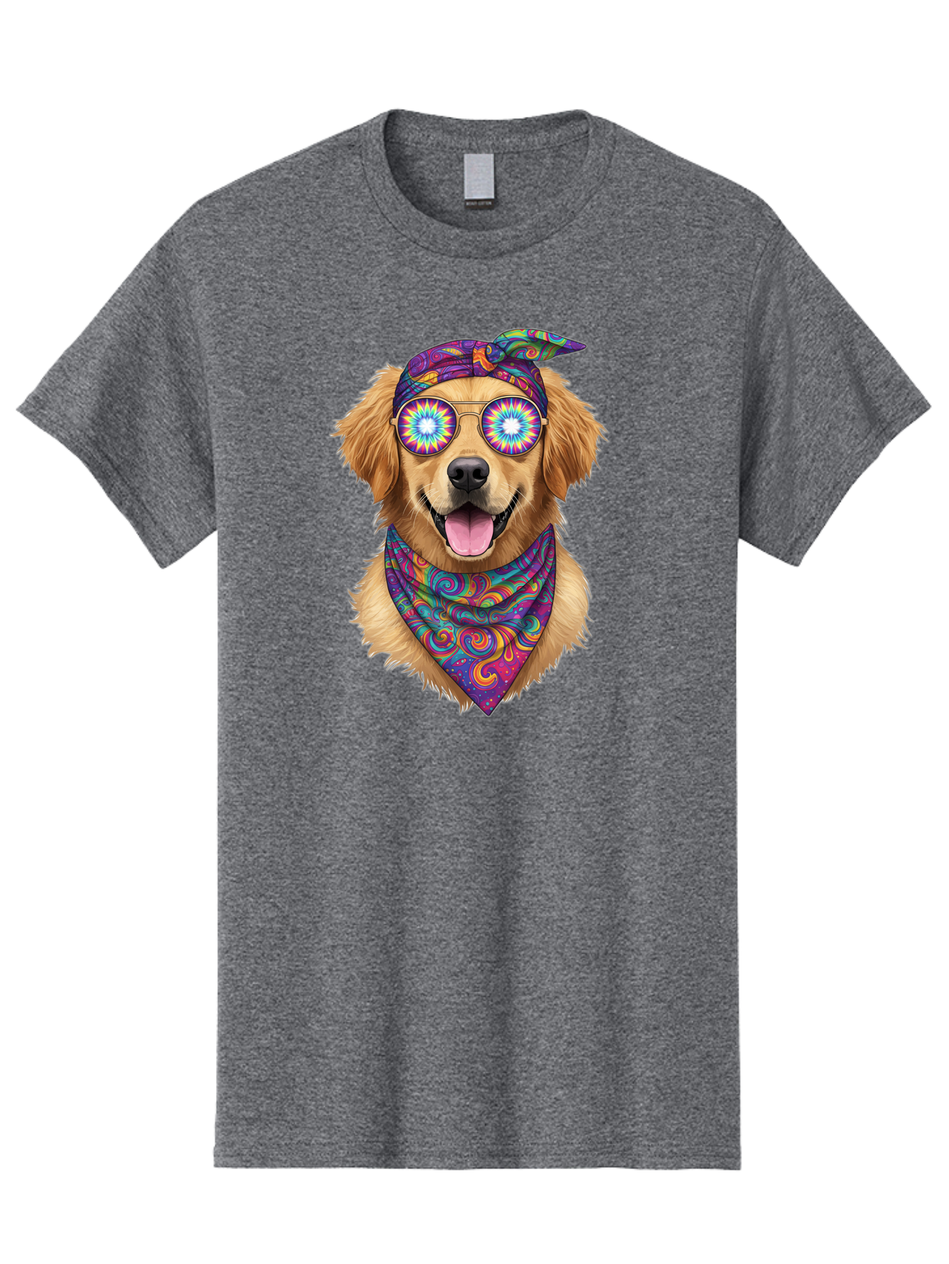 Psychedelic-Dog Men'S Graphic Tee, 100% Cotton, Comfortable Casual Summer Wear, Machine Washable, Happy Dog, Psychedelic Sunglasses, Colorful Bandana, Hippie Style, Fun Pet, Happy Animal, Playful Pup, Groovy Vibe, Funky Glasses, Bac344
