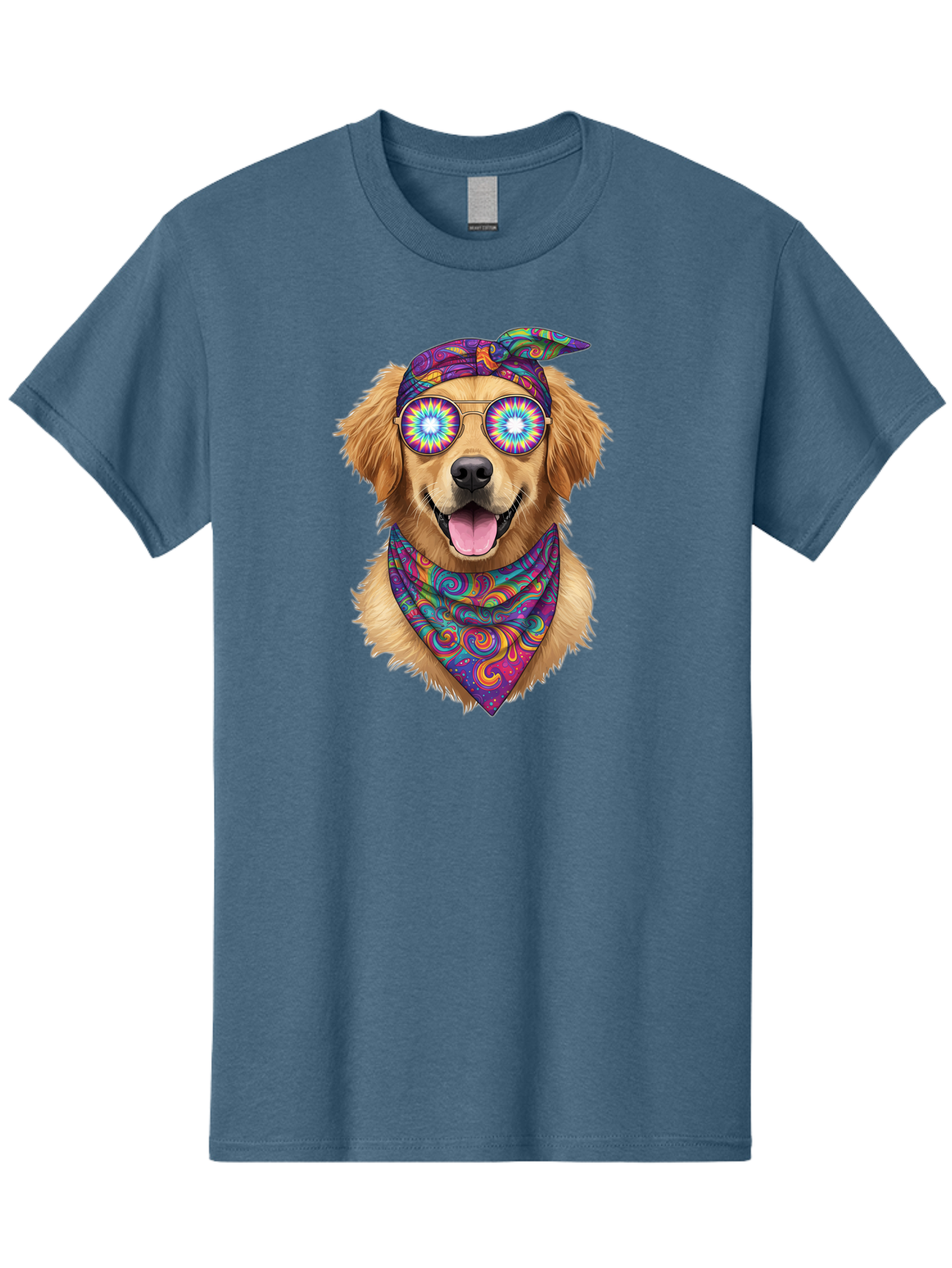 Psychedelic-Dog Men'S Graphic Tee, 100% Cotton, Comfortable Casual Summer Wear, Machine Washable, Happy Dog, Psychedelic Sunglasses, Colorful Bandana, Hippie Style, Fun Pet, Happy Animal, Playful Pup, Groovy Vibe, Funky Glasses, Bac344