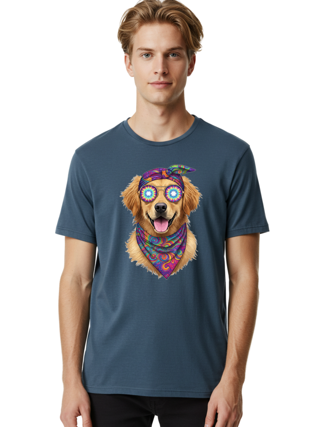 Psychedelic-Dog Men'S Graphic Tee, 100% Cotton, Comfortable Casual Summer Wear, Machine Washable, Happy Dog, Psychedelic Sunglasses, Colorful Bandana, Hippie Style, Fun Pet, Happy Animal, Playful Pup, Groovy Vibe, Funky Glasses, Bac344