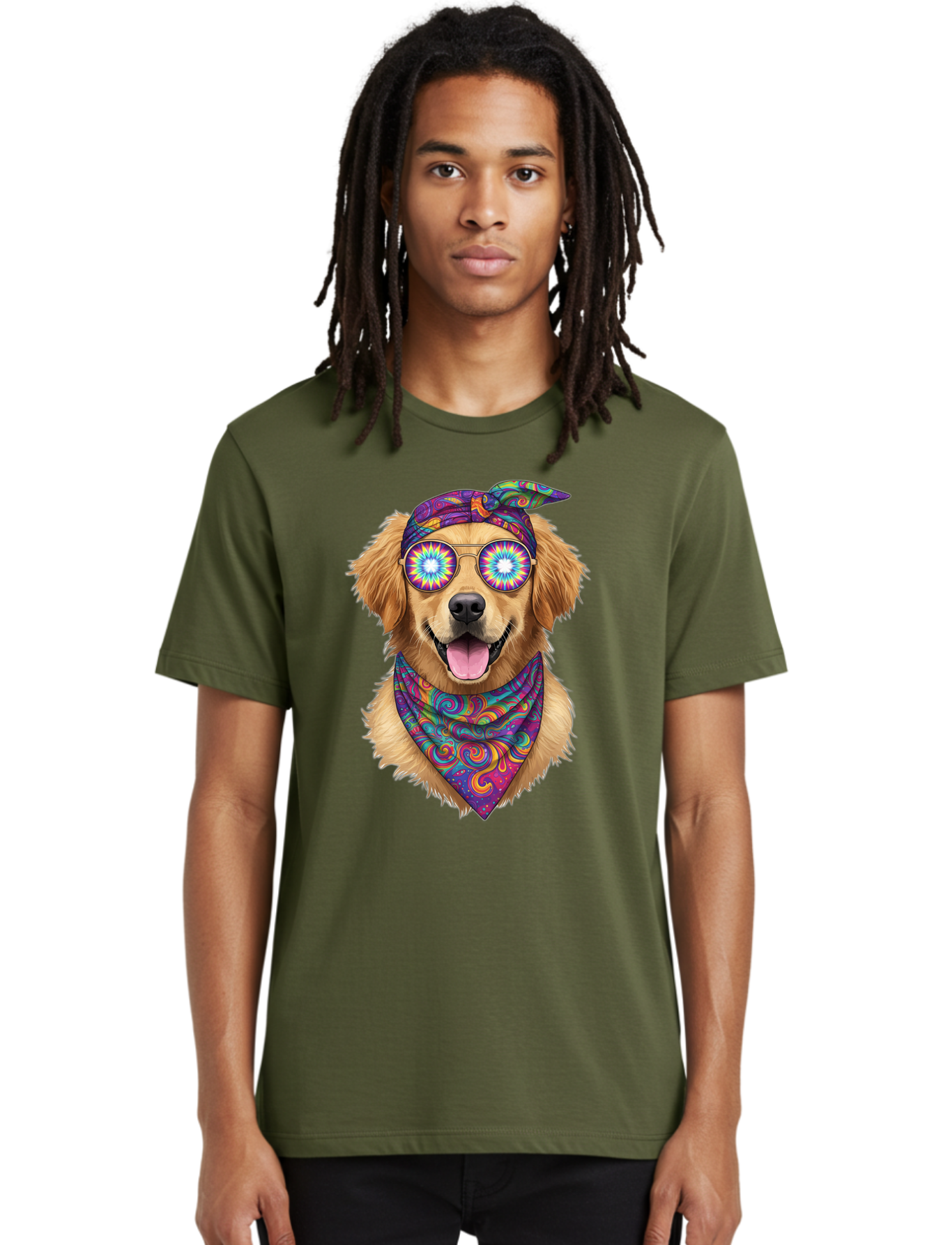 Psychedelic-Dog Men'S Graphic Tee, 100% Cotton, Comfortable Casual Summer Wear, Machine Washable, Happy Dog, Psychedelic Sunglasses, Colorful Bandana, Hippie Style, Fun Pet, Happy Animal, Playful Pup, Groovy Vibe, Funky Glasses, Bac344