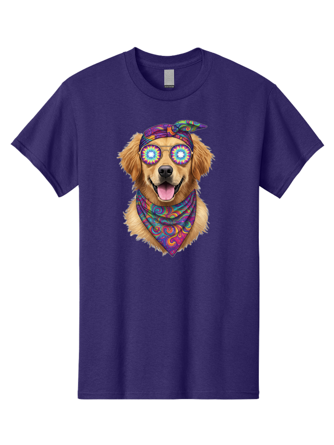 Psychedelic-Dog Men'S Graphic Tee, 100% Cotton, Comfortable Casual Summer Wear, Machine Washable, Happy Dog, Psychedelic Sunglasses, Colorful Bandana, Hippie Style, Fun Pet, Happy Animal, Playful Pup, Groovy Vibe, Funky Glasses, Bac344