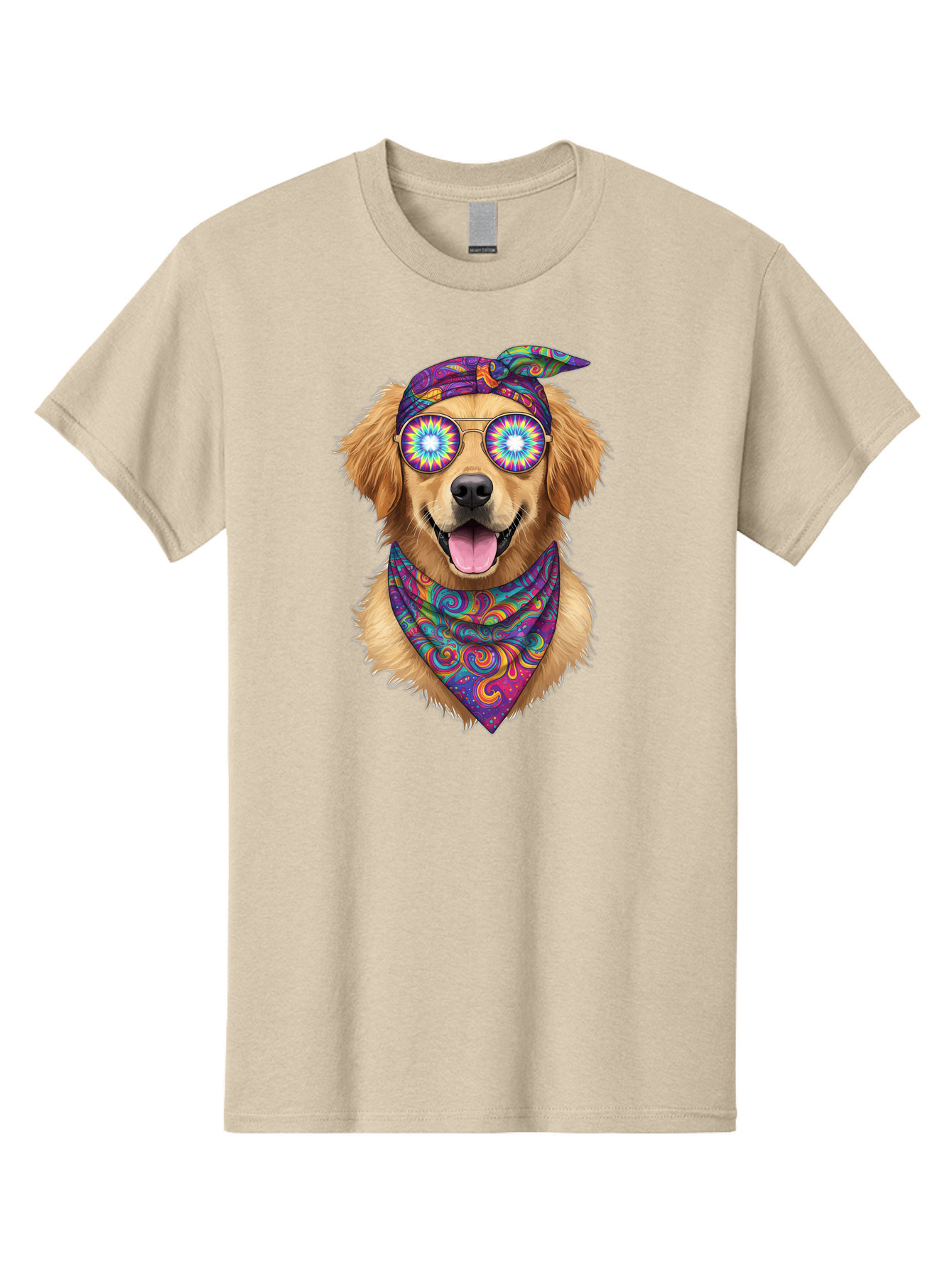 Psychedelic-Dog Men'S Graphic Tee, 100% Cotton, Comfortable Casual Summer Wear, Machine Washable, Happy Dog, Psychedelic Sunglasses, Colorful Bandana, Hippie Style, Fun Pet, Happy Animal, Playful Pup, Groovy Vibe, Funky Glasses, Bac344