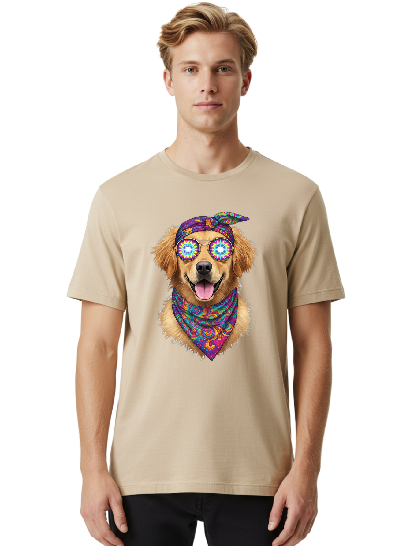 Psychedelic-Dog Men'S Graphic Tee, 100% Cotton, Comfortable Casual Summer Wear, Machine Washable, Happy Dog, Psychedelic Sunglasses, Colorful Bandana, Hippie Style, Fun Pet, Happy Animal, Playful Pup, Groovy Vibe, Funky Glasses, Bac344