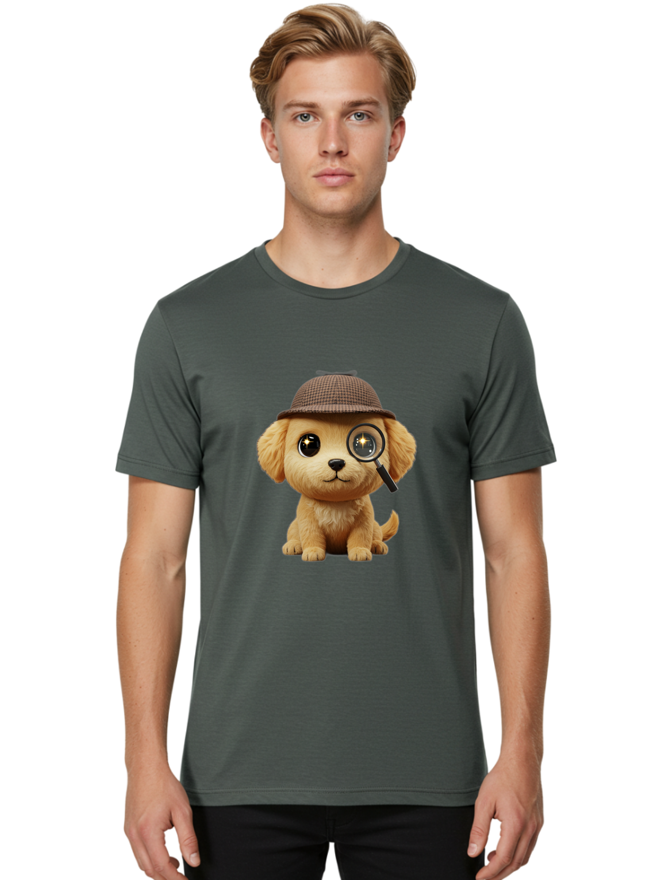 Puppy-Detective Men'S Graphic Tee, 100% Cotton, Comfortable Casual Summer Wear, Machine Washable, Puppy Wearing A Deerstalker Cap, Magnifying Glass, Detective Theme, Cute Puppy, Investigation, Mystery Solving, Dog Character, Cartoon Style Bac346