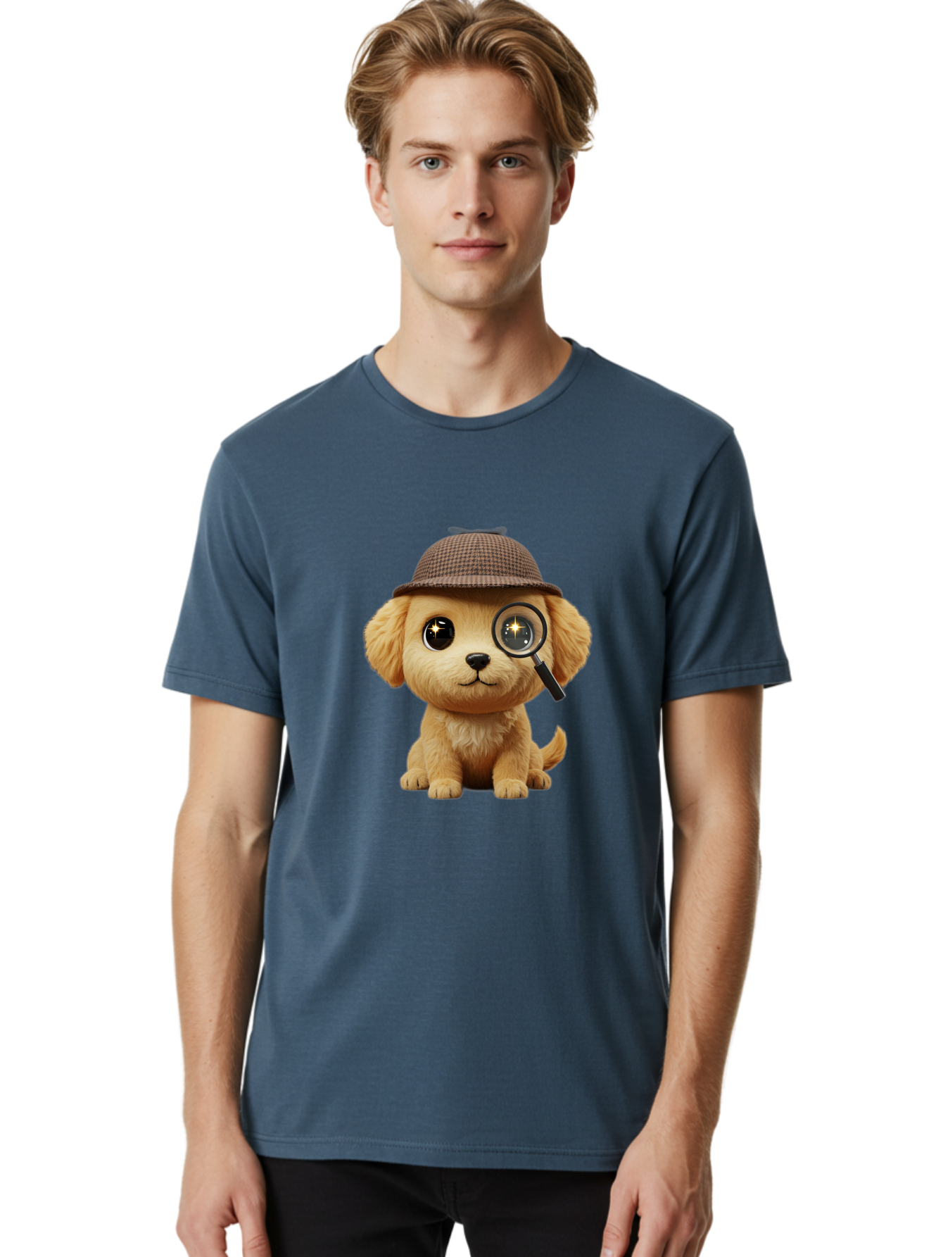 Puppy-Detective Men'S Graphic Tee, 100% Cotton, Comfortable Casual Summer Wear, Machine Washable, Puppy Wearing A Deerstalker Cap, Magnifying Glass, Detective Theme, Cute Puppy, Investigation, Mystery Solving, Dog Character, Cartoon Style Bac346