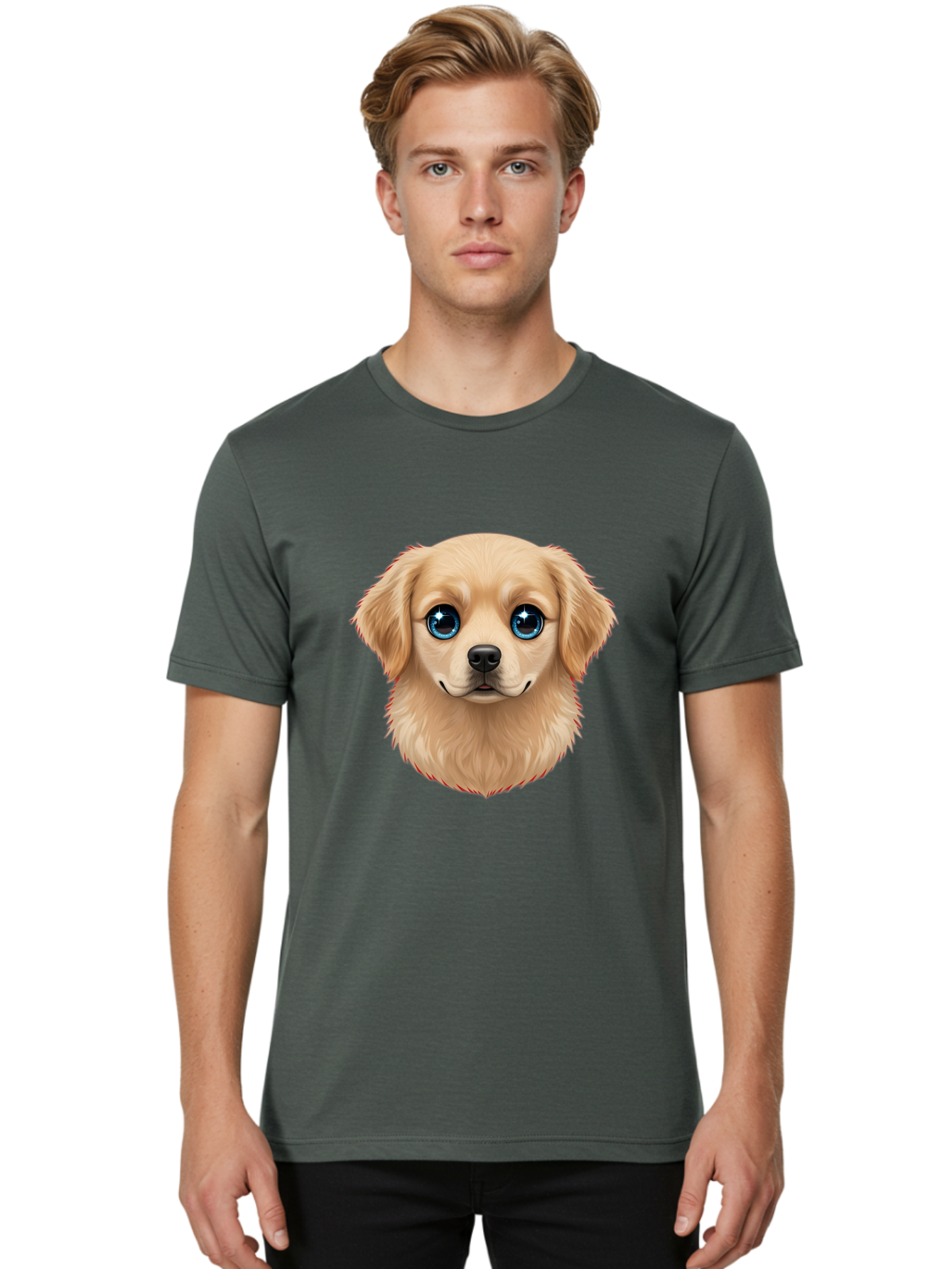Puppy-Head Men'S Graphic Tee, 100% Cotton, Comfortable Casual Summer Wear, Machine Washable, Adorable Puppy, Cute Dog Face, Big Blue Eyes, Fluffy Fur, Sweet Expression, Cartoon Dog, Digital Art, Puppy Love, Furry Friend Bac347