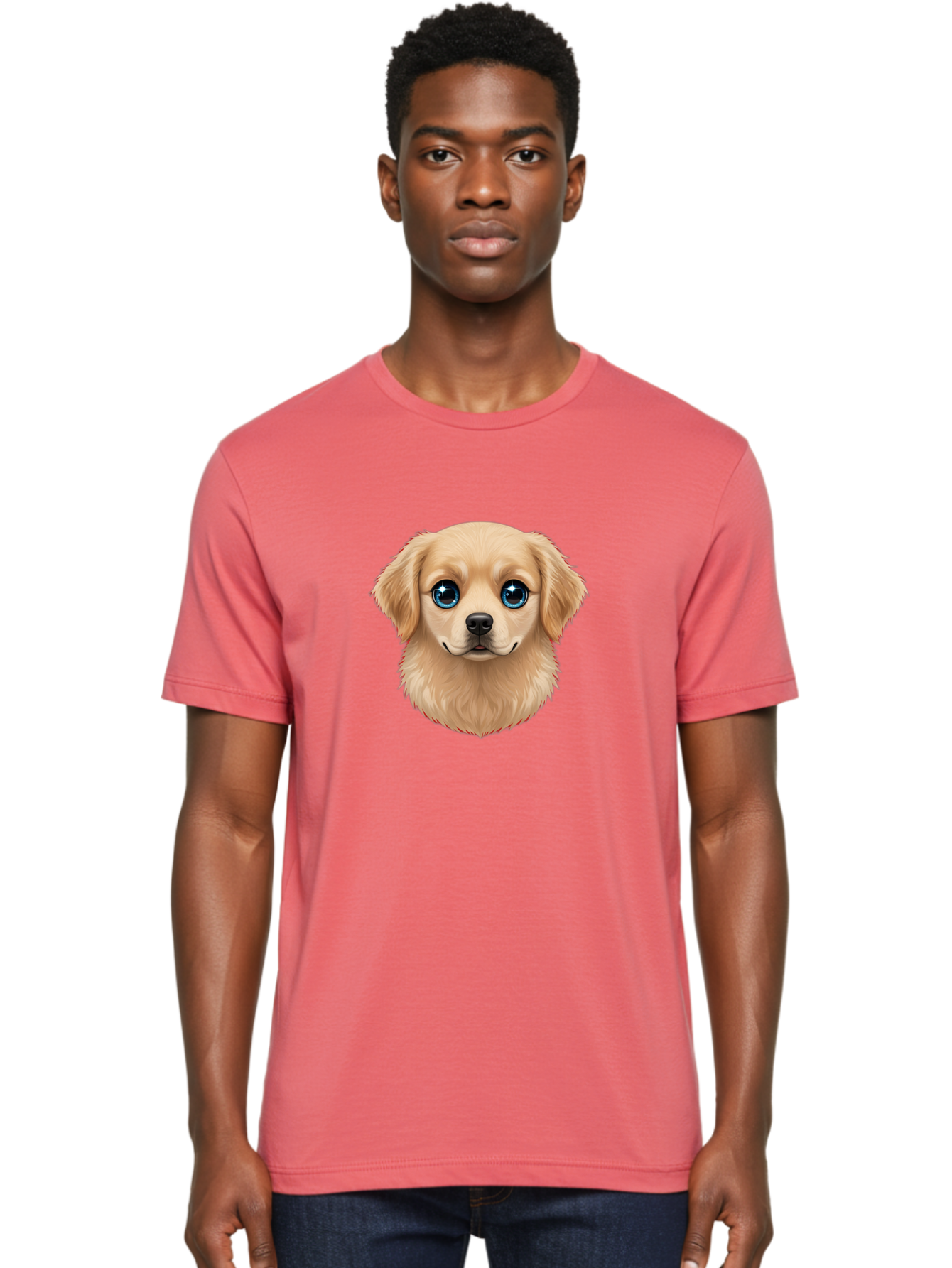 Puppy-Head Men'S Graphic Tee, 100% Cotton, Comfortable Casual Summer Wear, Machine Washable, Adorable Puppy, Cute Dog Face, Big Blue Eyes, Fluffy Fur, Sweet Expression, Cartoon Dog, Digital Art, Puppy Love, Furry Friend Bac347