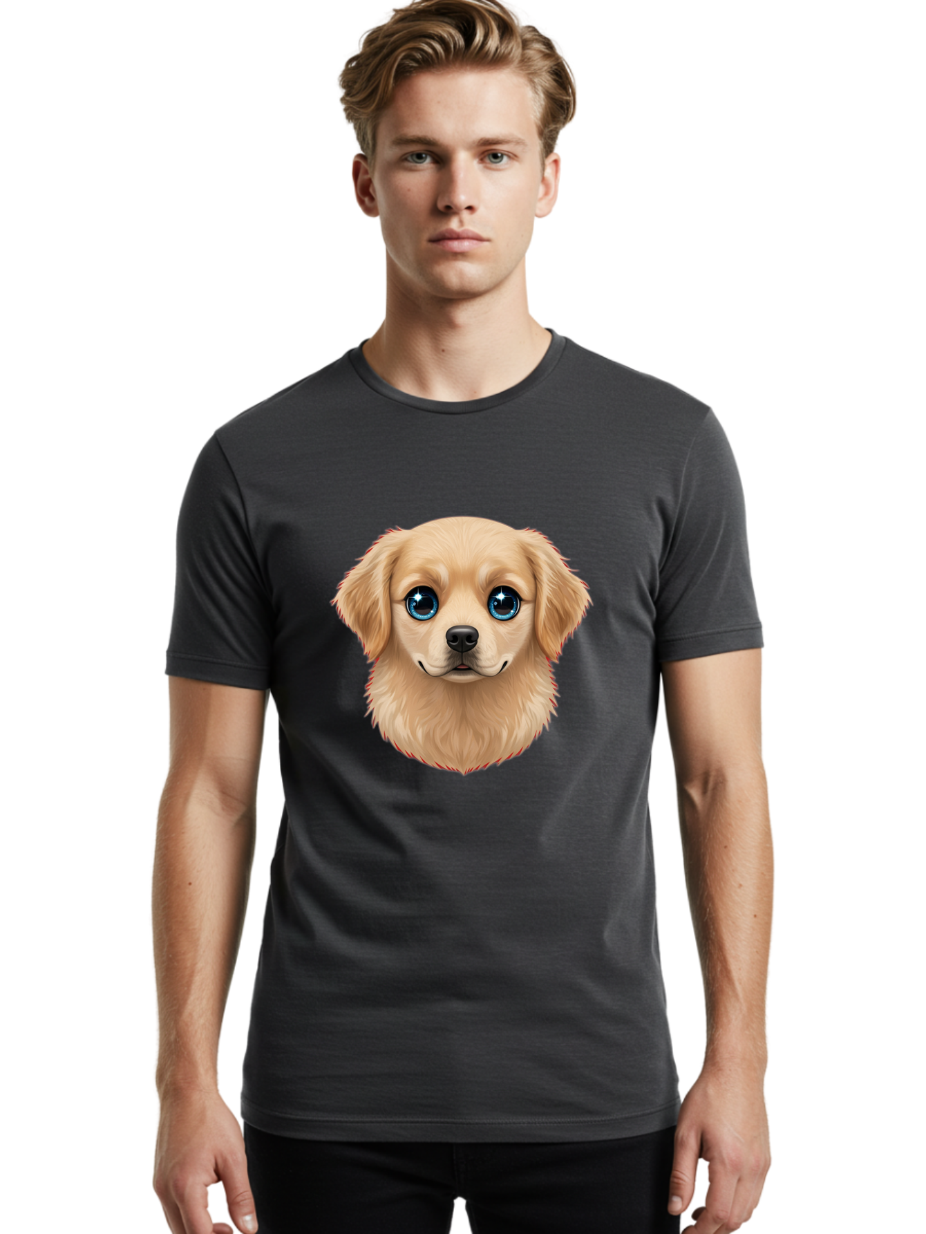 Puppy-Head Men'S Graphic Tee, 100% Cotton, Comfortable Casual Summer Wear, Machine Washable, Adorable Puppy, Cute Dog Face, Big Blue Eyes, Fluffy Fur, Sweet Expression, Cartoon Dog, Digital Art, Puppy Love, Furry Friend Bac347