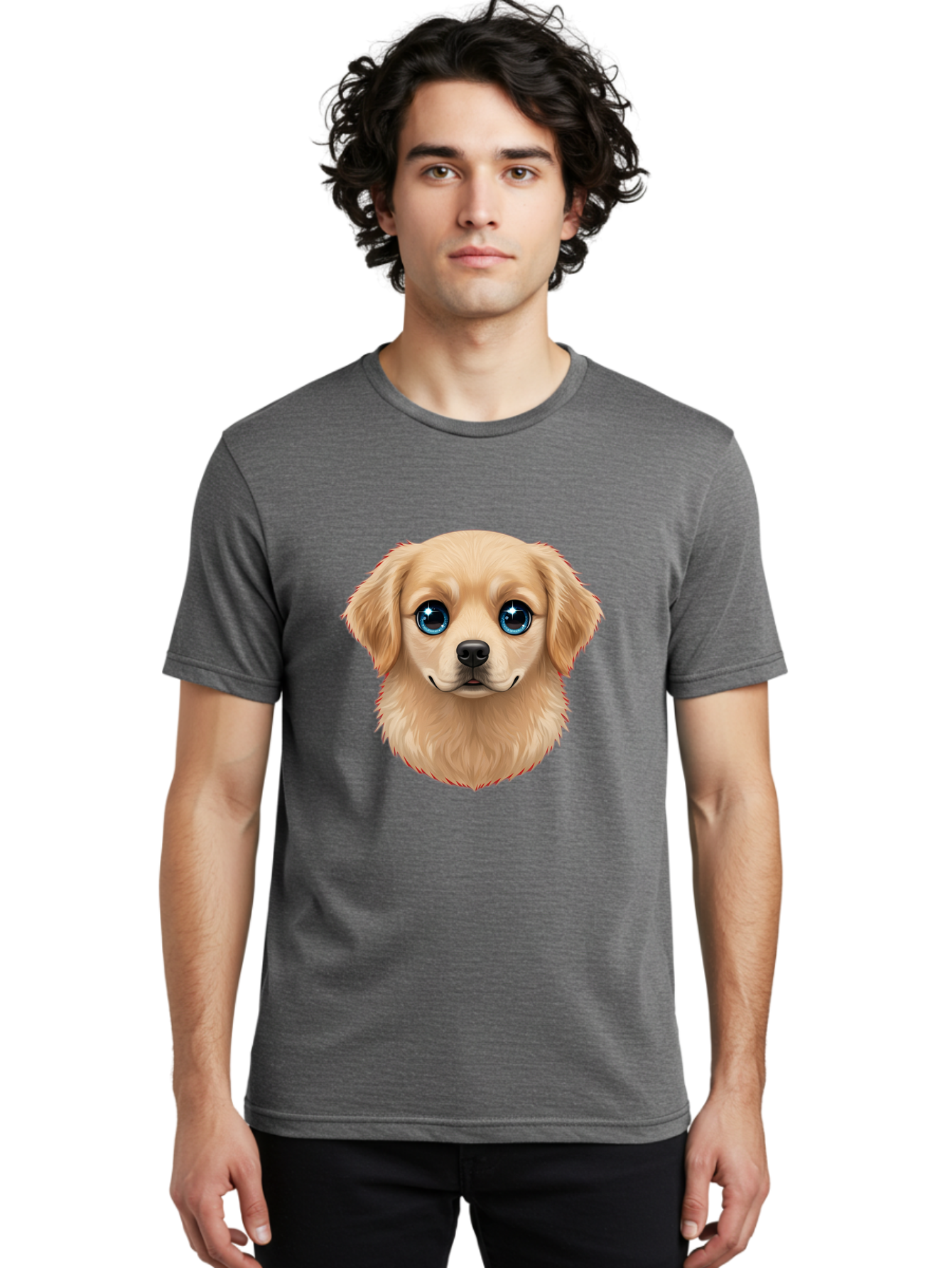 Puppy-Head Men'S Graphic Tee, 100% Cotton, Comfortable Casual Summer Wear, Machine Washable, Adorable Puppy, Cute Dog Face, Big Blue Eyes, Fluffy Fur, Sweet Expression, Cartoon Dog, Digital Art, Puppy Love, Furry Friend Bac347