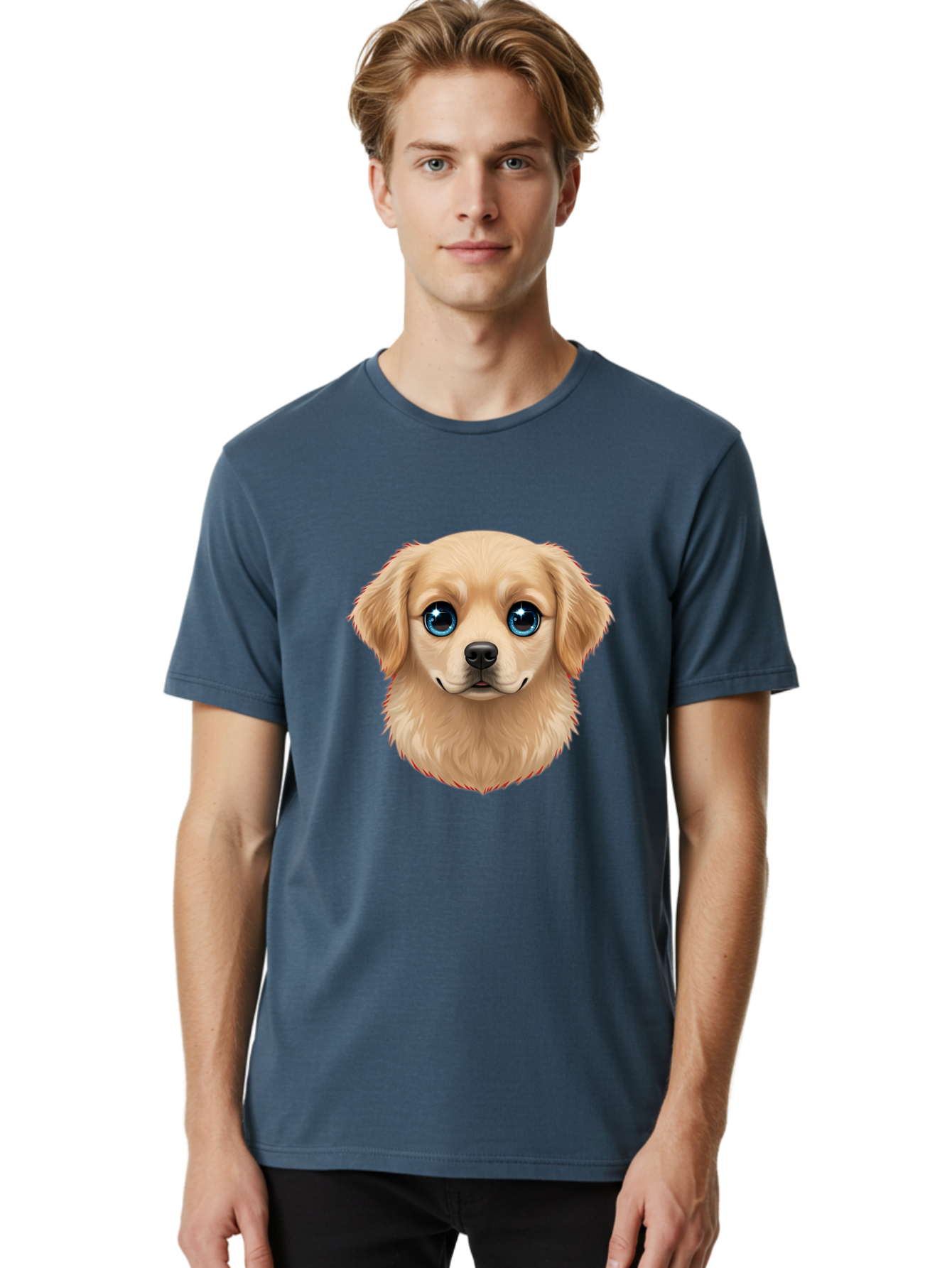 Puppy-Head Men'S Graphic Tee, 100% Cotton, Comfortable Casual Summer Wear, Machine Washable, Adorable Puppy, Cute Dog Face, Big Blue Eyes, Fluffy Fur, Sweet Expression, Cartoon Dog, Digital Art, Puppy Love, Furry Friend Bac347