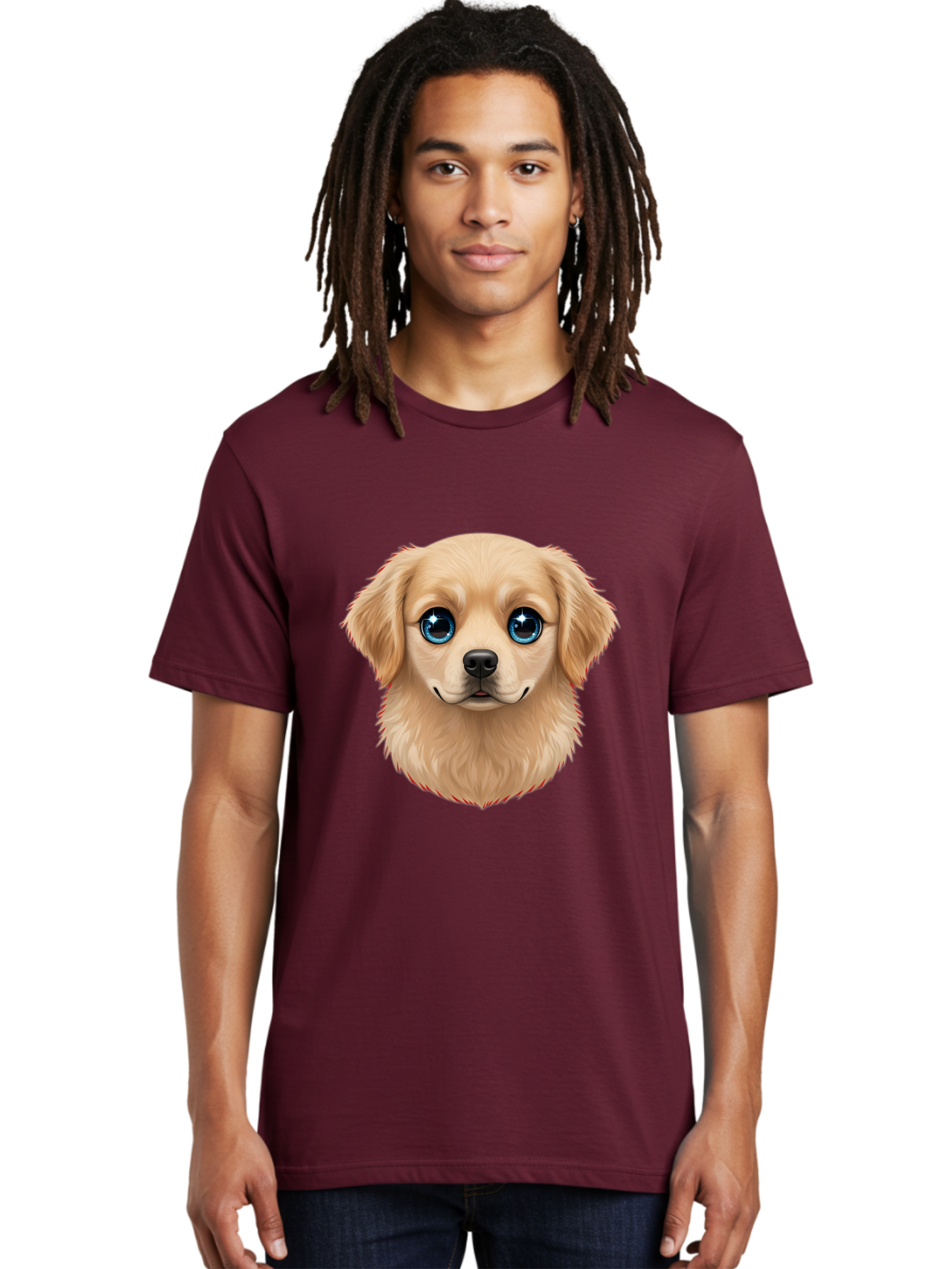Puppy-Head Men'S Graphic Tee, 100% Cotton, Comfortable Casual Summer Wear, Machine Washable, Adorable Puppy, Cute Dog Face, Big Blue Eyes, Fluffy Fur, Sweet Expression, Cartoon Dog, Digital Art, Puppy Love, Furry Friend Bac347